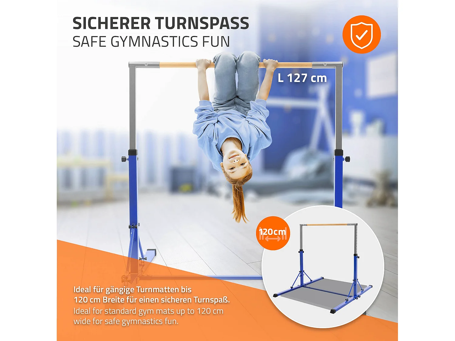 Barre de gymnastique pliable pour enfants bleu hauteur réglable 95.5-150 cm structure en acier/bois appareil d'entraînement à la maison support stable