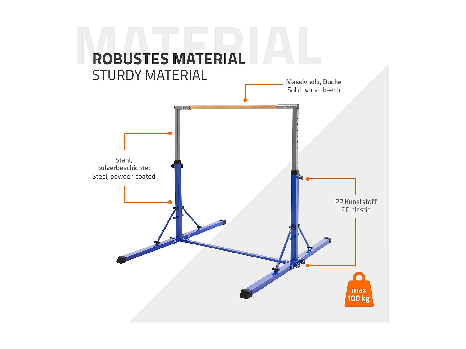 Barre de gymnastique pliable pour enfants bleu hauteur réglable 95.5-150 cm structure en acier/bois appareil d'entraînement à la maison support stable
