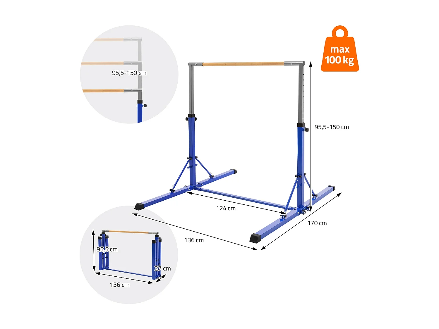 Barre de gymnastique pliable pour enfants bleu hauteur réglable 95.5-150 cm structure en acier/bois appareil d'entraînement à la maison support stable