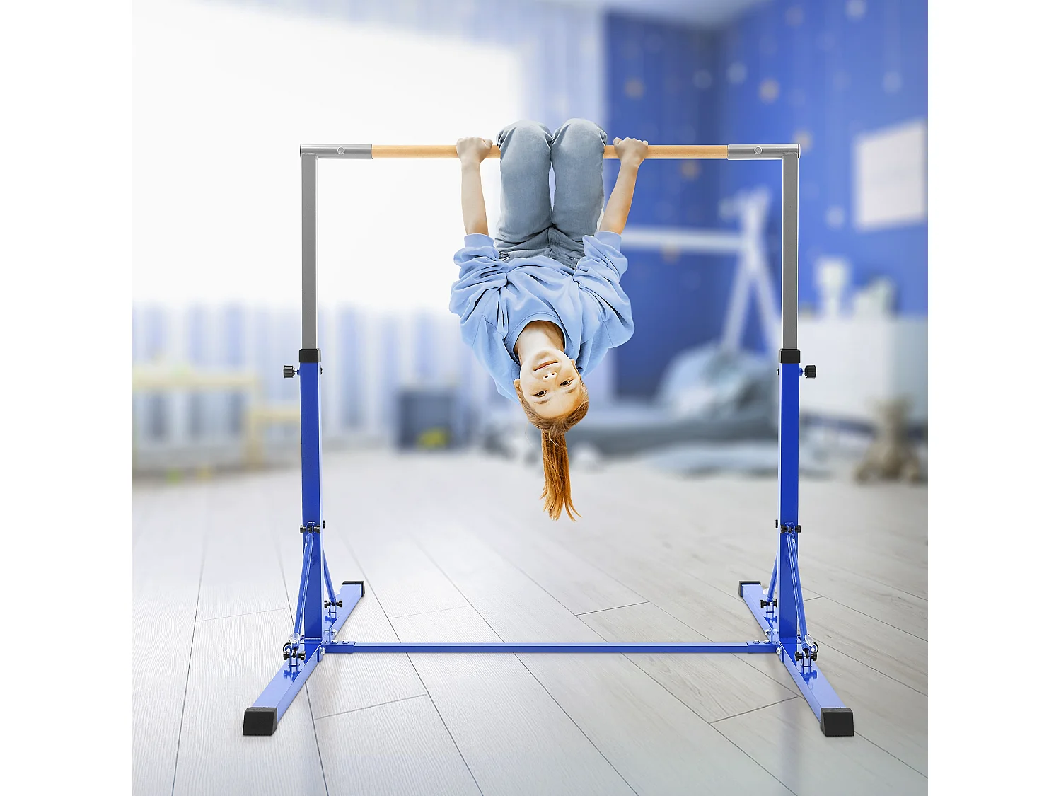 Barre de gymnastique pliable pour enfants bleu hauteur réglable 95.5-150 cm structure en acier/bois appareil d'entraînement à la maison support stable