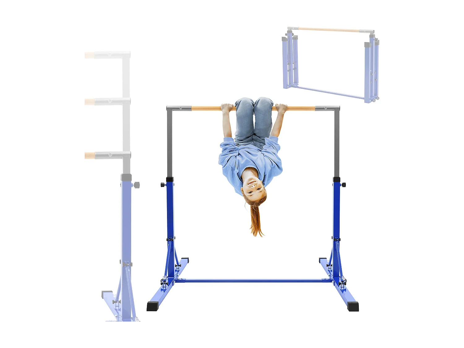 Barre de gymnastique pliable pour enfants bleu hauteur réglable 95.5-150 cm structure en acier/bois appareil d'entraînement à la maison support stable