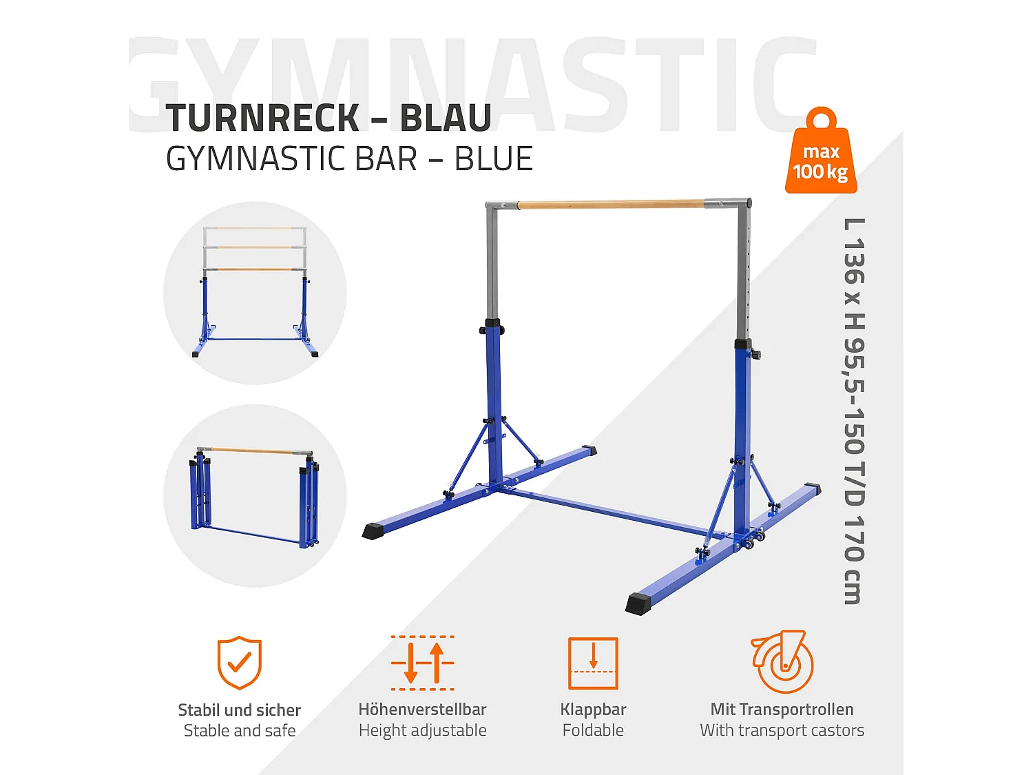 Barre de gymnastique pliable pour enfants bleu hauteur réglable 95.5-150 cm structure en acier/bois appareil d'entraînement à la maison support stable