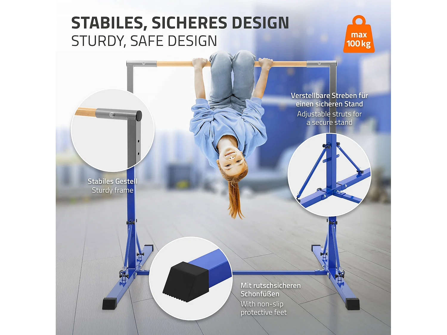 Barre de gymnastique pliable pour enfants bleu hauteur réglable 95.5-150 cm structure en acier/bois appareil d'entraînement à la maison support stable