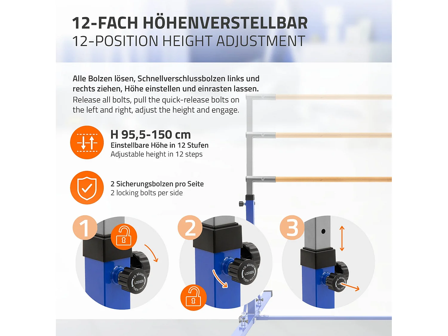 Barre de gymnastique pliable pour enfants bleu hauteur réglable 95.5-150 cm structure en acier/bois appareil d'entraînement à la maison support stable