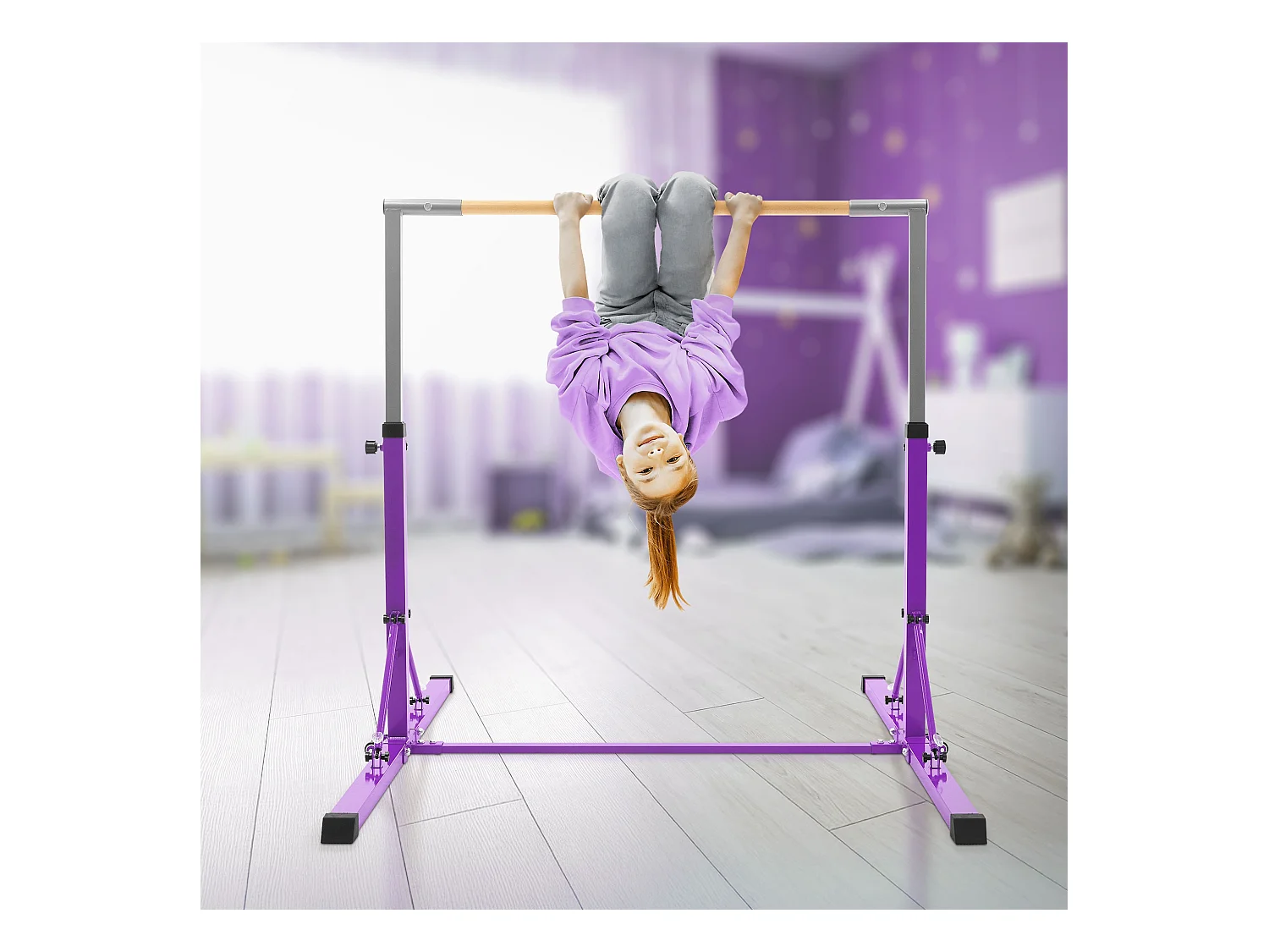 Barre de gymnastique pliable pour enfants lilas hauteur réglable 95.5-150cm structure en acier/bois appareil d'entraînement à la maison support stable