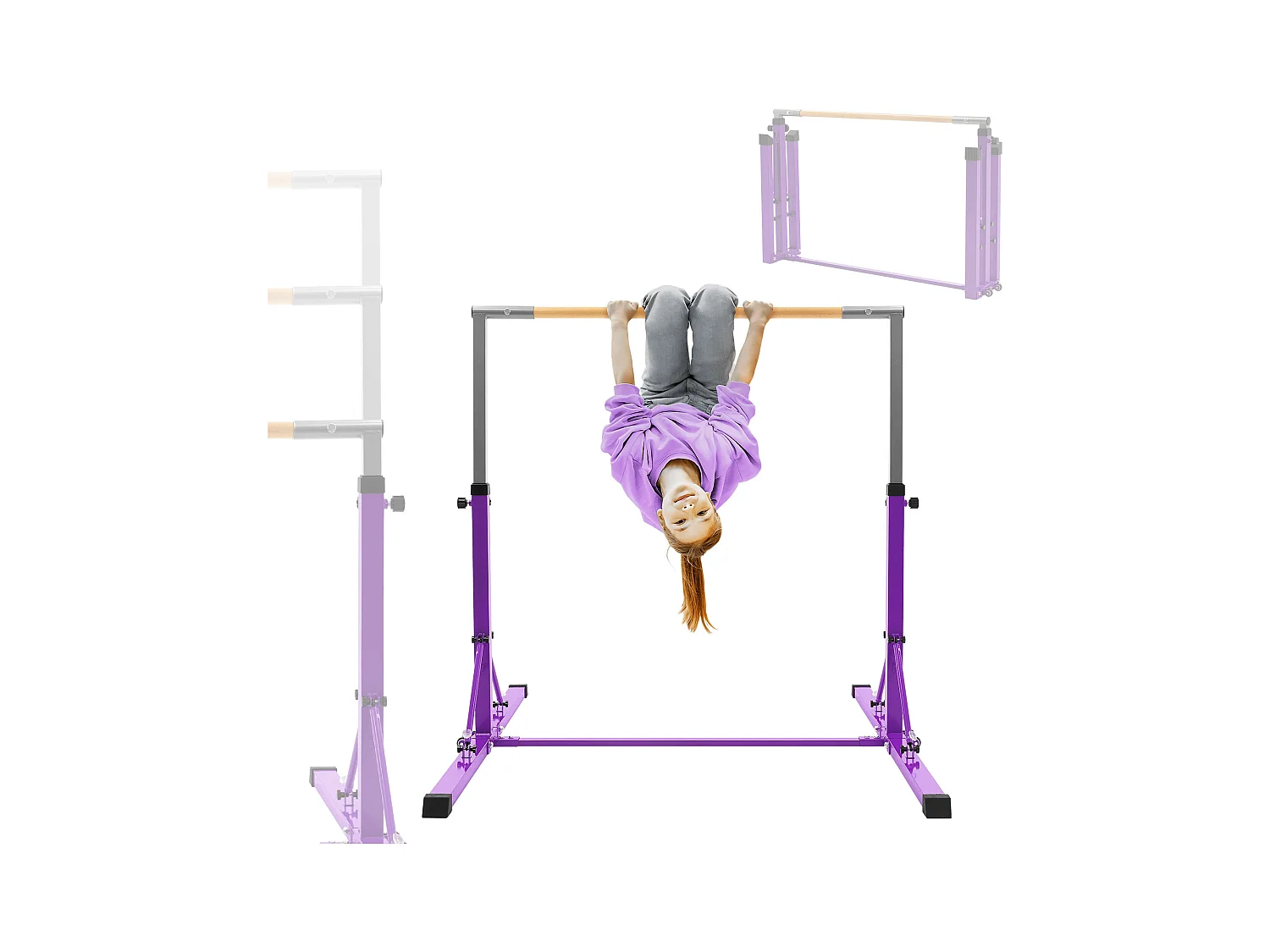 Barre de gymnastique pliable pour enfants lilas hauteur réglable 95.5-150cm structure en acier/bois appareil d'entraînement à la maison support stable