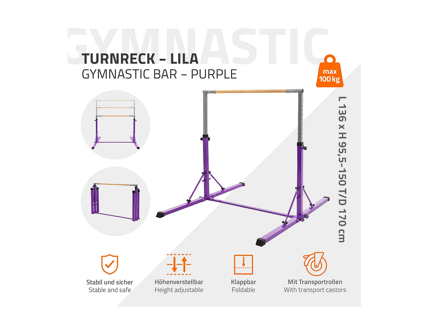 Barre de gymnastique pliable pour enfants lilas hauteur réglable 95.5-150cm structure en acier/bois appareil d'entraînement à la maison support stable