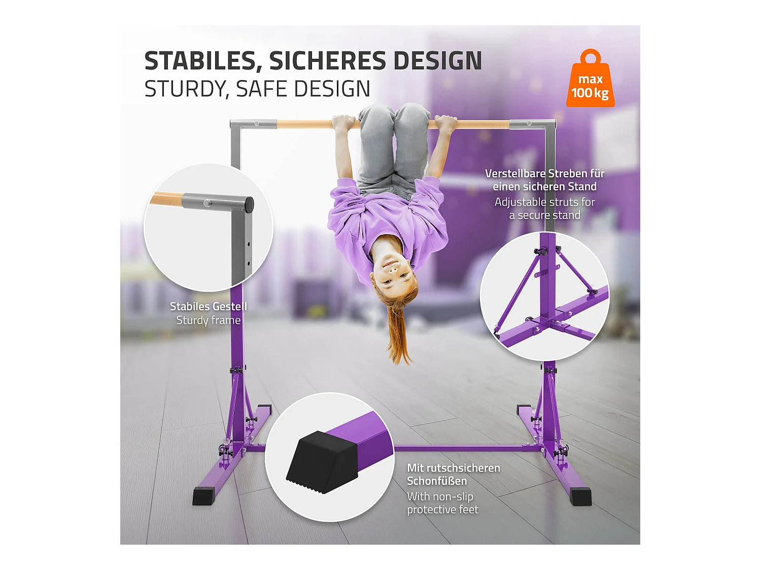 Barre de gymnastique pliable pour enfants lilas hauteur réglable 95.5-150cm structure en acier/bois appareil d'entraînement à la maison support stable