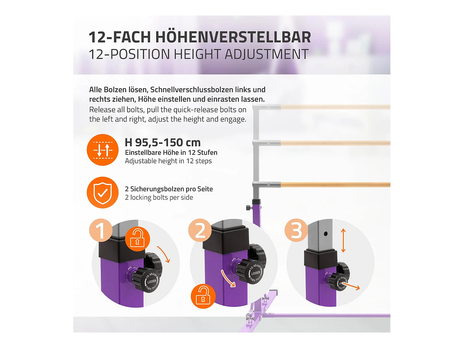 Barre de gymnastique pliable pour enfants lilas hauteur réglable 95.5-150cm structure en acier/bois appareil d'entraînement à la maison support stable