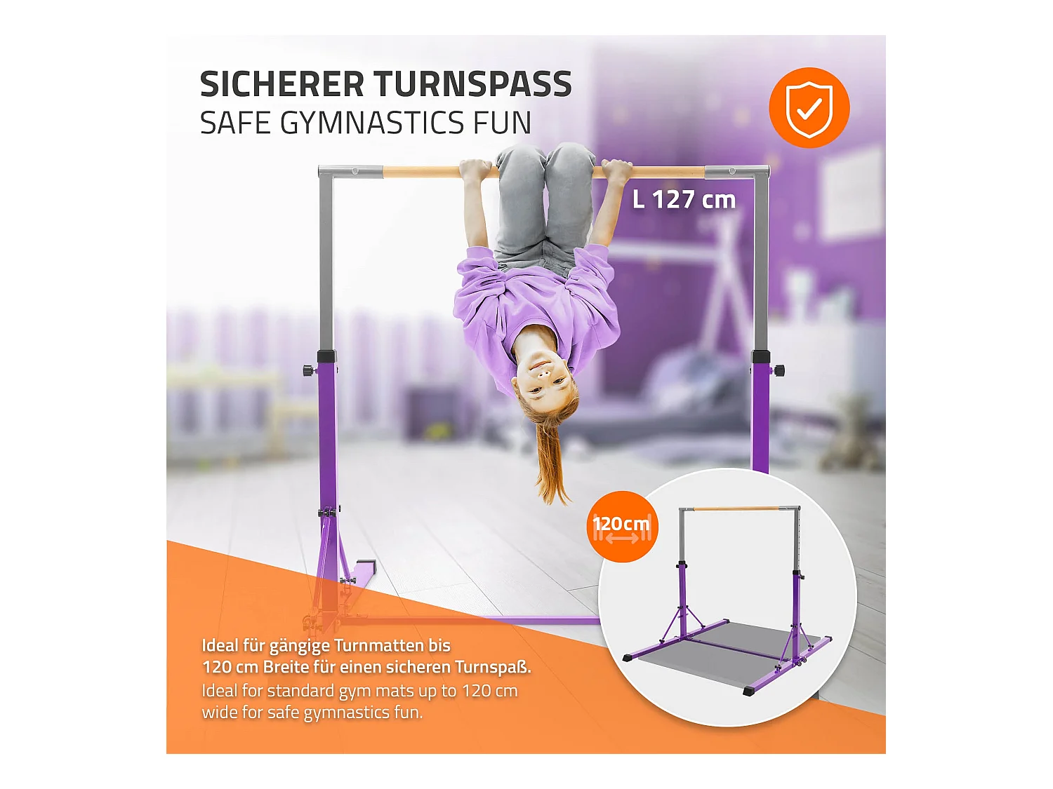 Barre de gymnastique pliable pour enfants lilas hauteur réglable 95.5-150cm structure en acier/bois appareil d'entraînement à la maison support stable