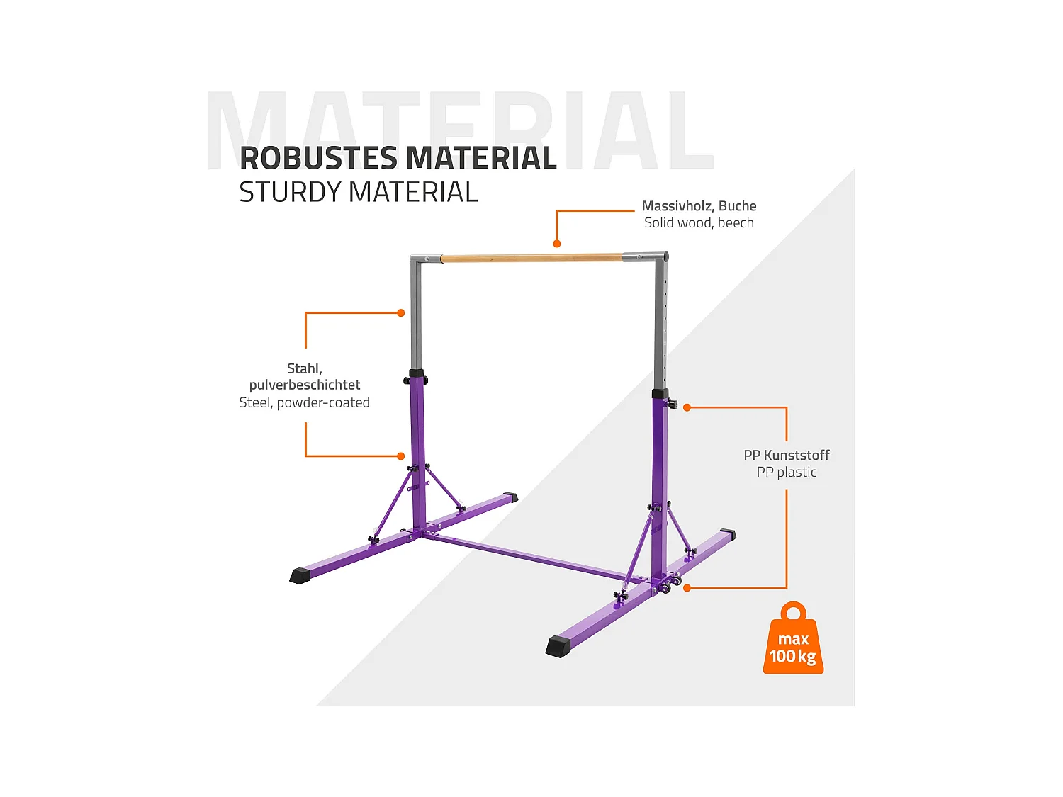 Barre de gymnastique pliable pour enfants lilas hauteur réglable 95.5-150cm structure en acier/bois appareil d'entraînement à la maison support stable