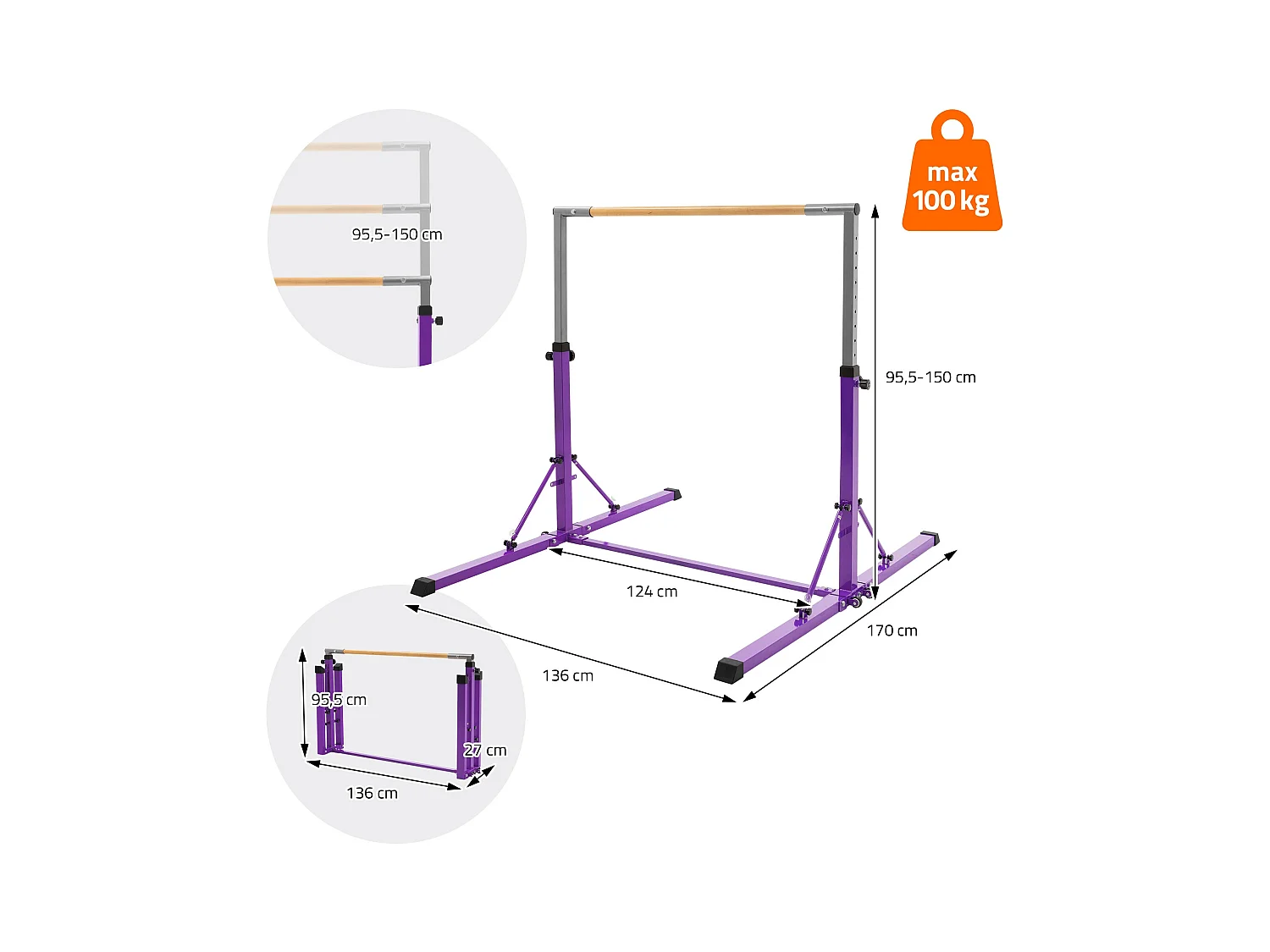 Barre de gymnastique pliable pour enfants lilas hauteur réglable 95.5-150cm structure en acier/bois appareil d'entraînement à la maison support stable