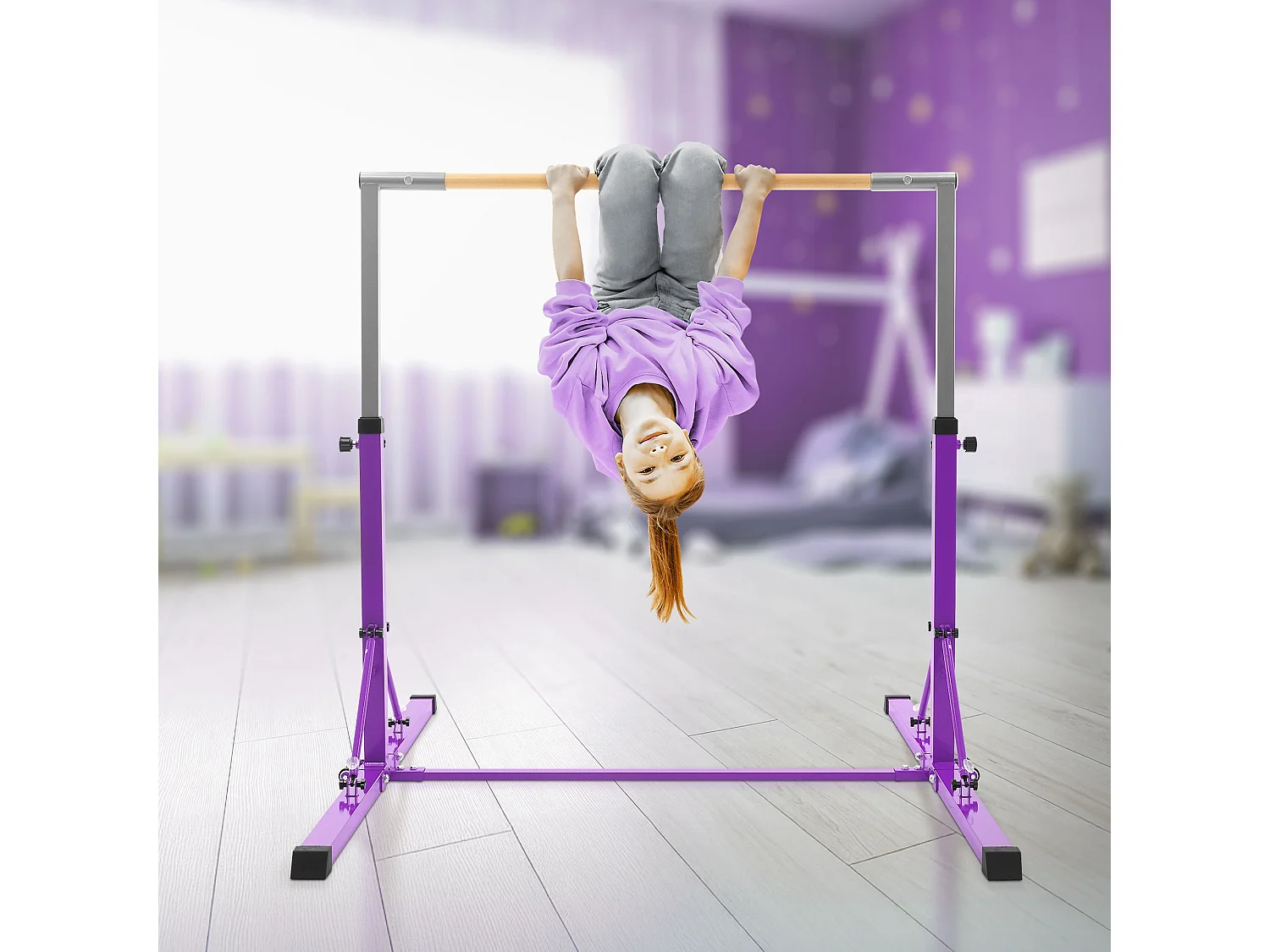 Barre de gymnastique pliable pour enfants lilas hauteur réglable 95.5-150cm structure en acier/bois appareil d'entraînement à la maison support stable