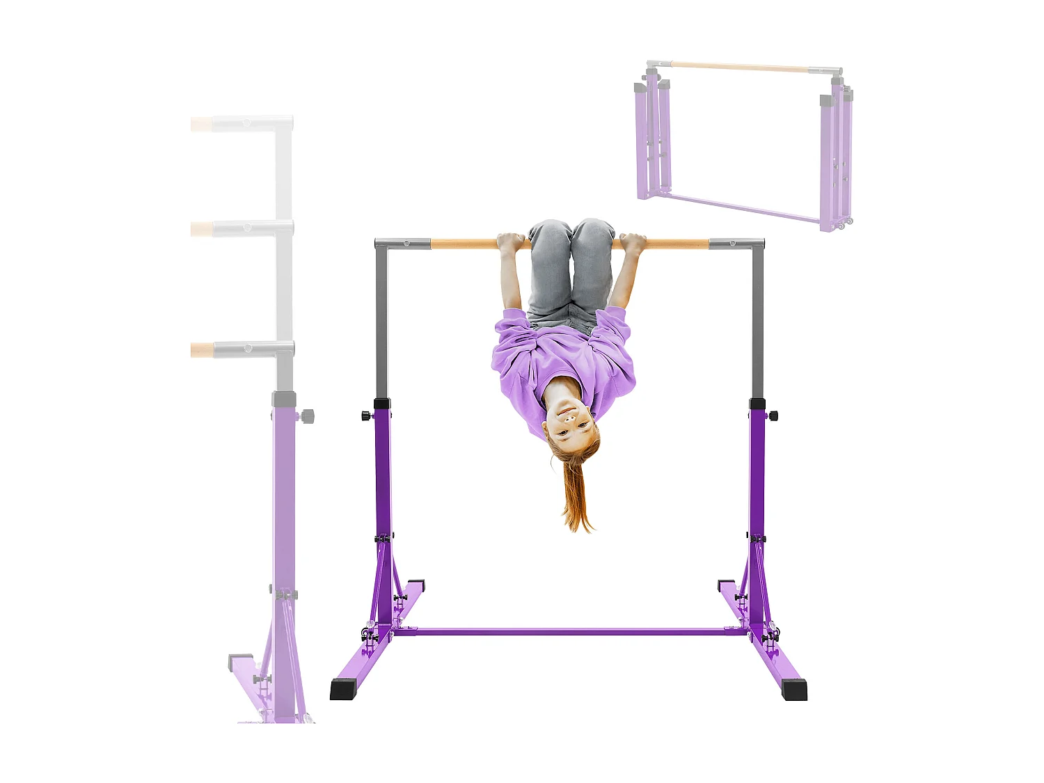 Barre de gymnastique pliable pour enfants lilas hauteur réglable 95.5-150cm structure en acier/bois appareil d'entraînement à la maison support stable