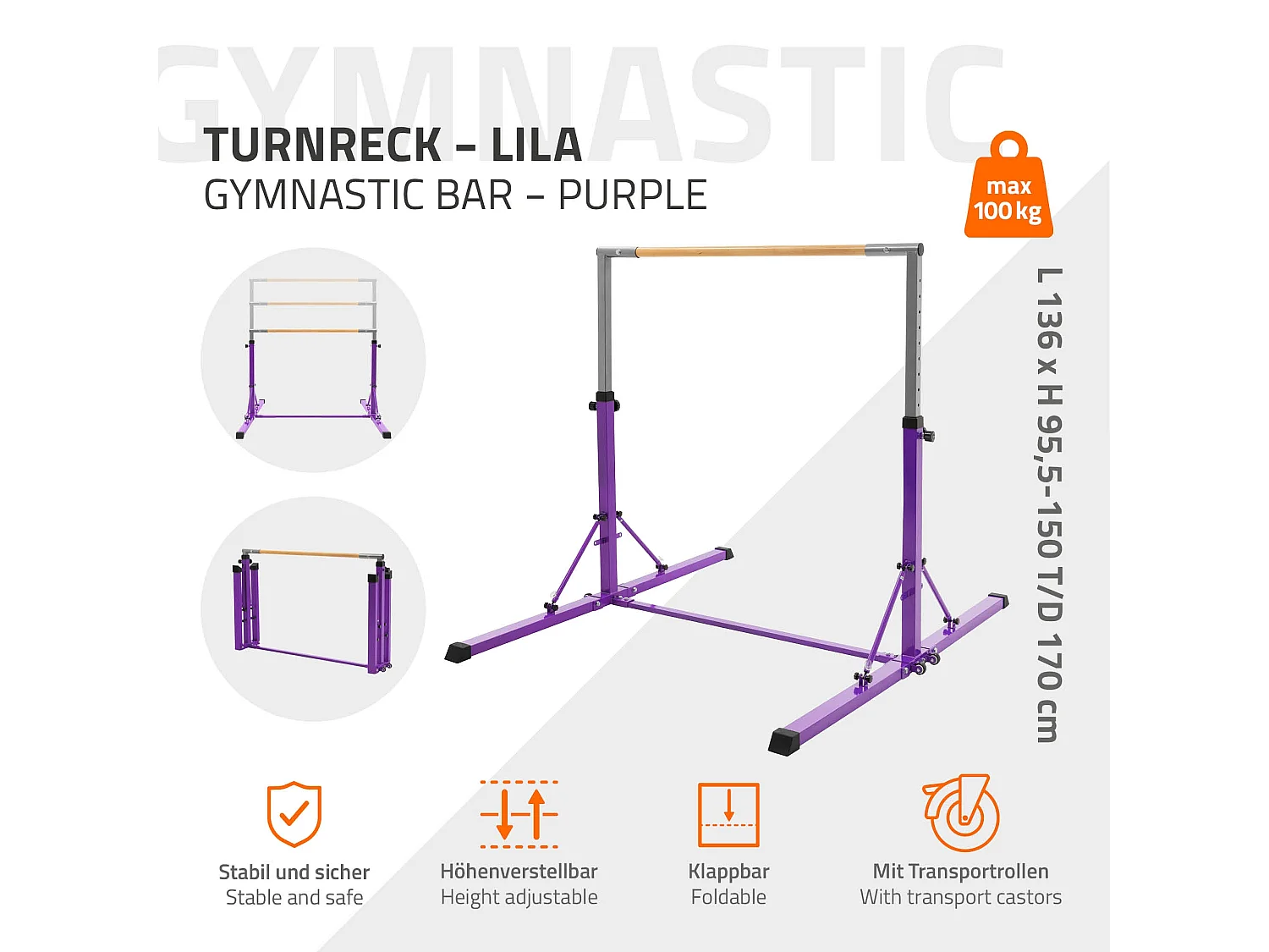 Barre de gymnastique pliable pour enfants lilas hauteur réglable 95.5-150cm structure en acier/bois appareil d'entraînement à la maison support stable