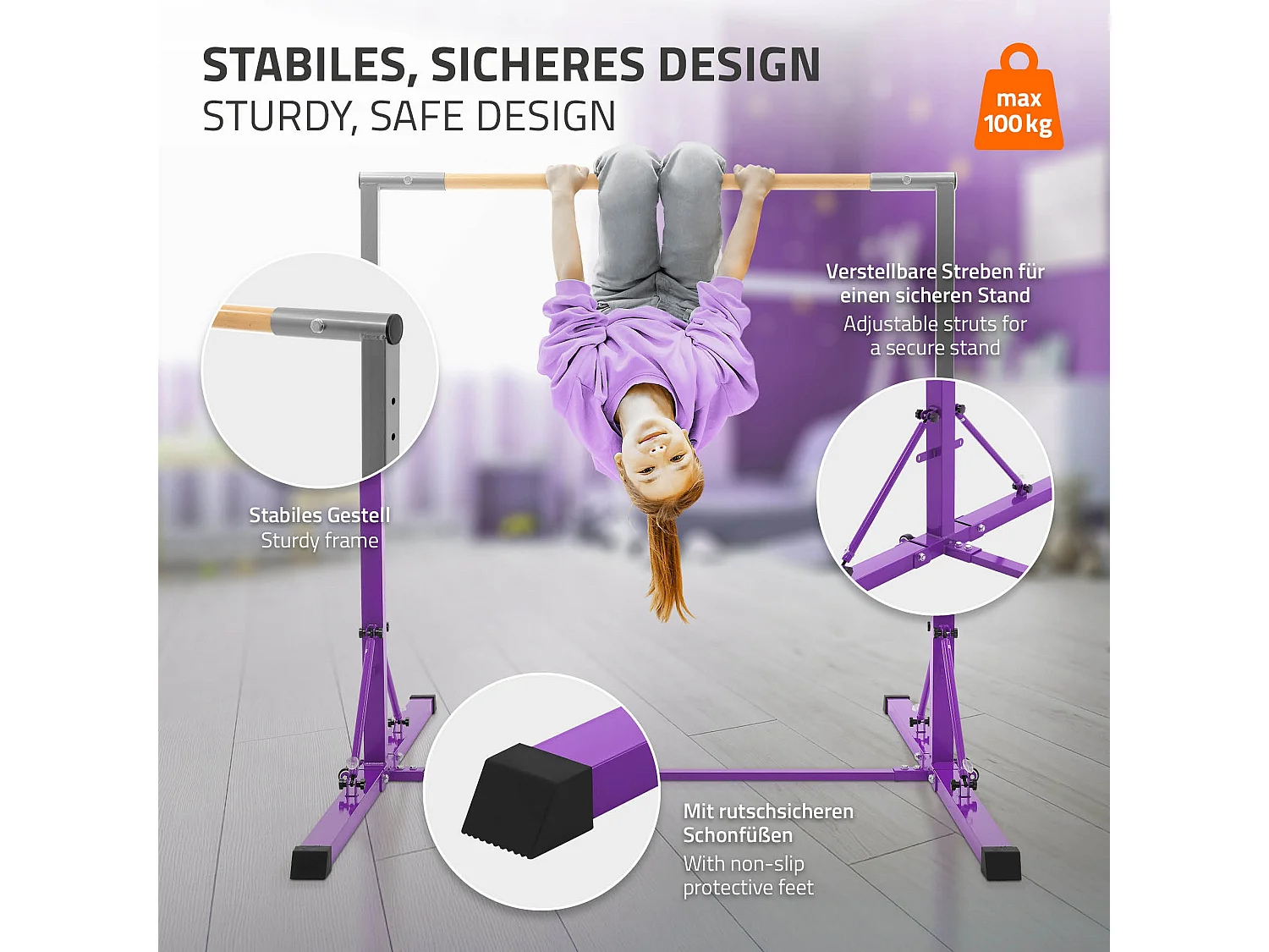 Barre de gymnastique pliable pour enfants lilas hauteur réglable 95.5-150cm structure en acier/bois appareil d'entraînement à la maison support stable