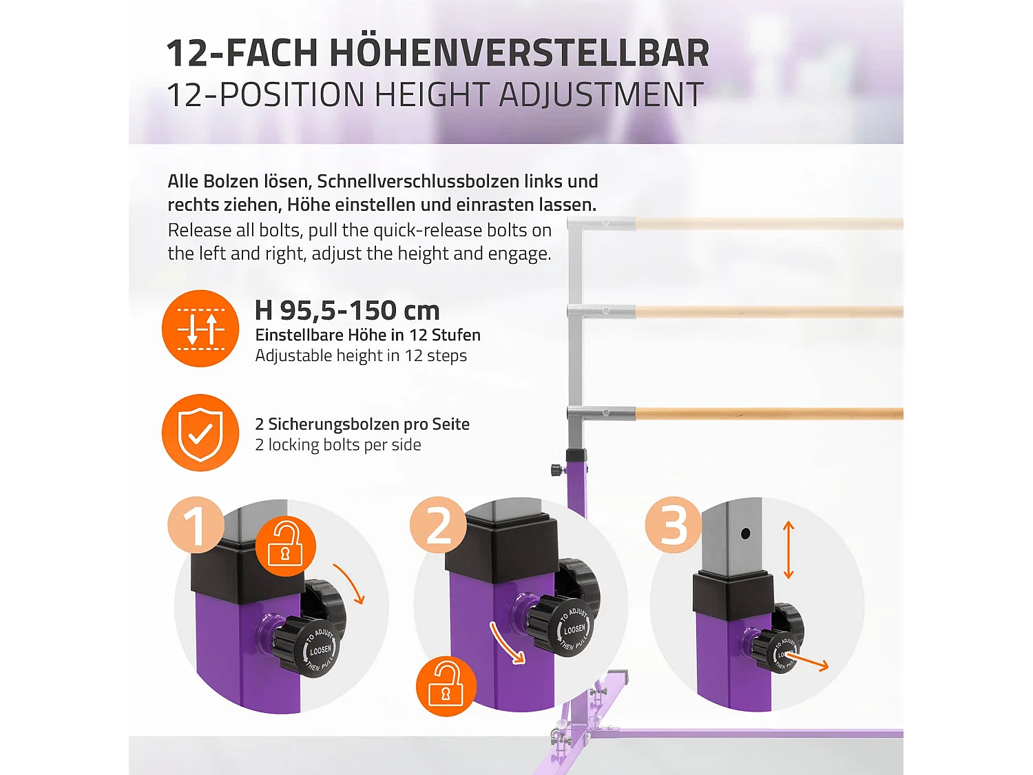 Barre de gymnastique pliable pour enfants lilas hauteur réglable 95.5-150cm structure en acier/bois appareil d'entraînement à la maison support stable