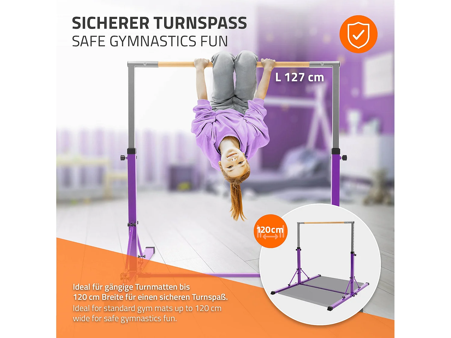 Barre de gymnastique pliable pour enfants lilas hauteur réglable 95.5-150cm structure en acier/bois appareil d'entraînement à la maison support stable