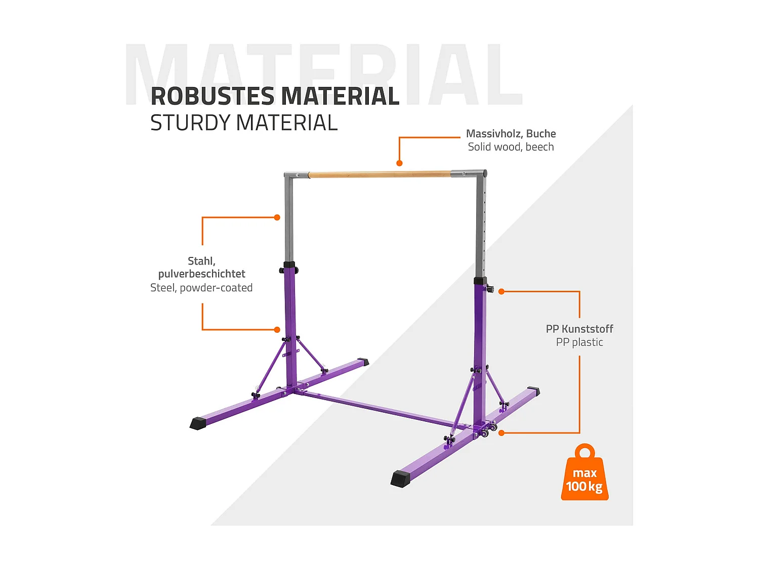 Barre de gymnastique pliable pour enfants lilas hauteur réglable 95.5-150cm structure en acier/bois appareil d'entraînement à la maison support stable