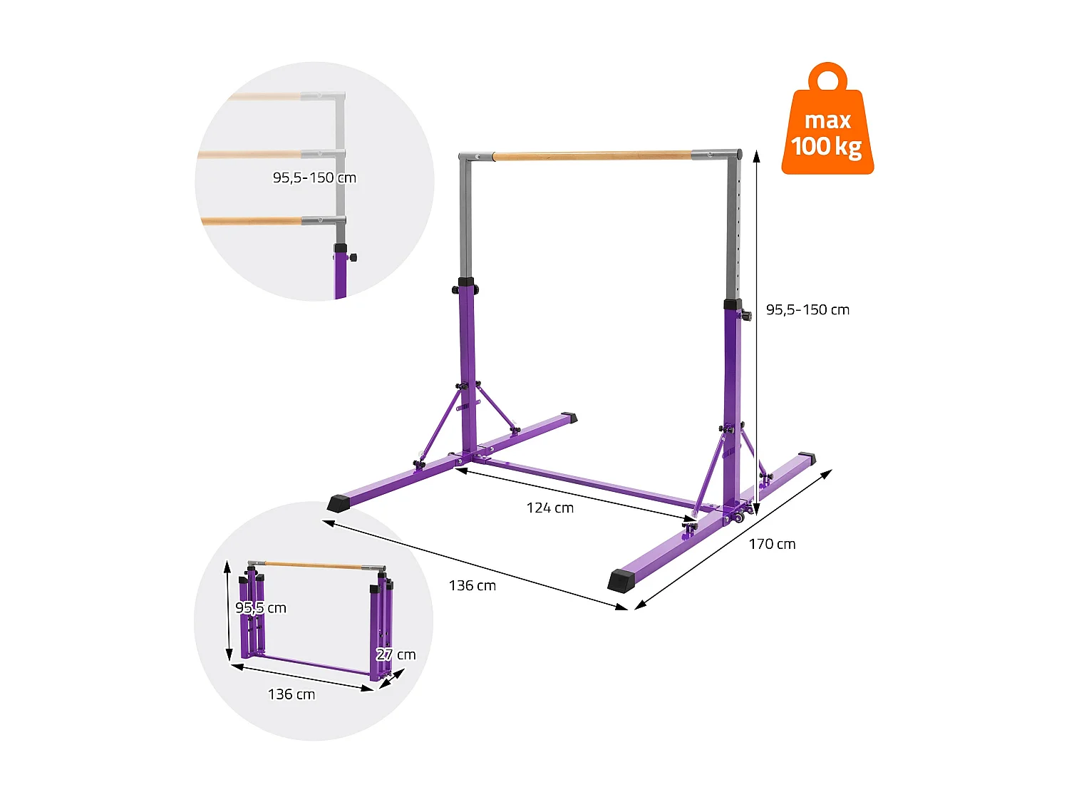 Barre de gymnastique pliable pour enfants lilas hauteur réglable 95.5-150cm structure en acier/bois appareil d'entraînement à la maison support stable