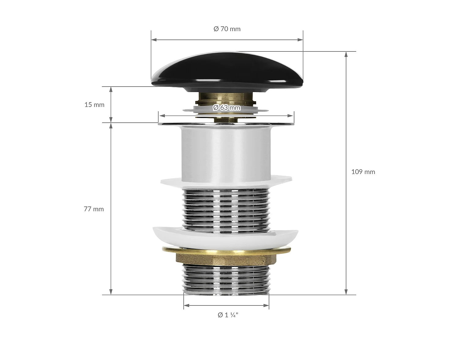 Bouchon de vidange H109mm noir brillant universel fonction pop-up pour lavabo sans trop-plein bonde garniture de vidage en céramique/acier inoxydable