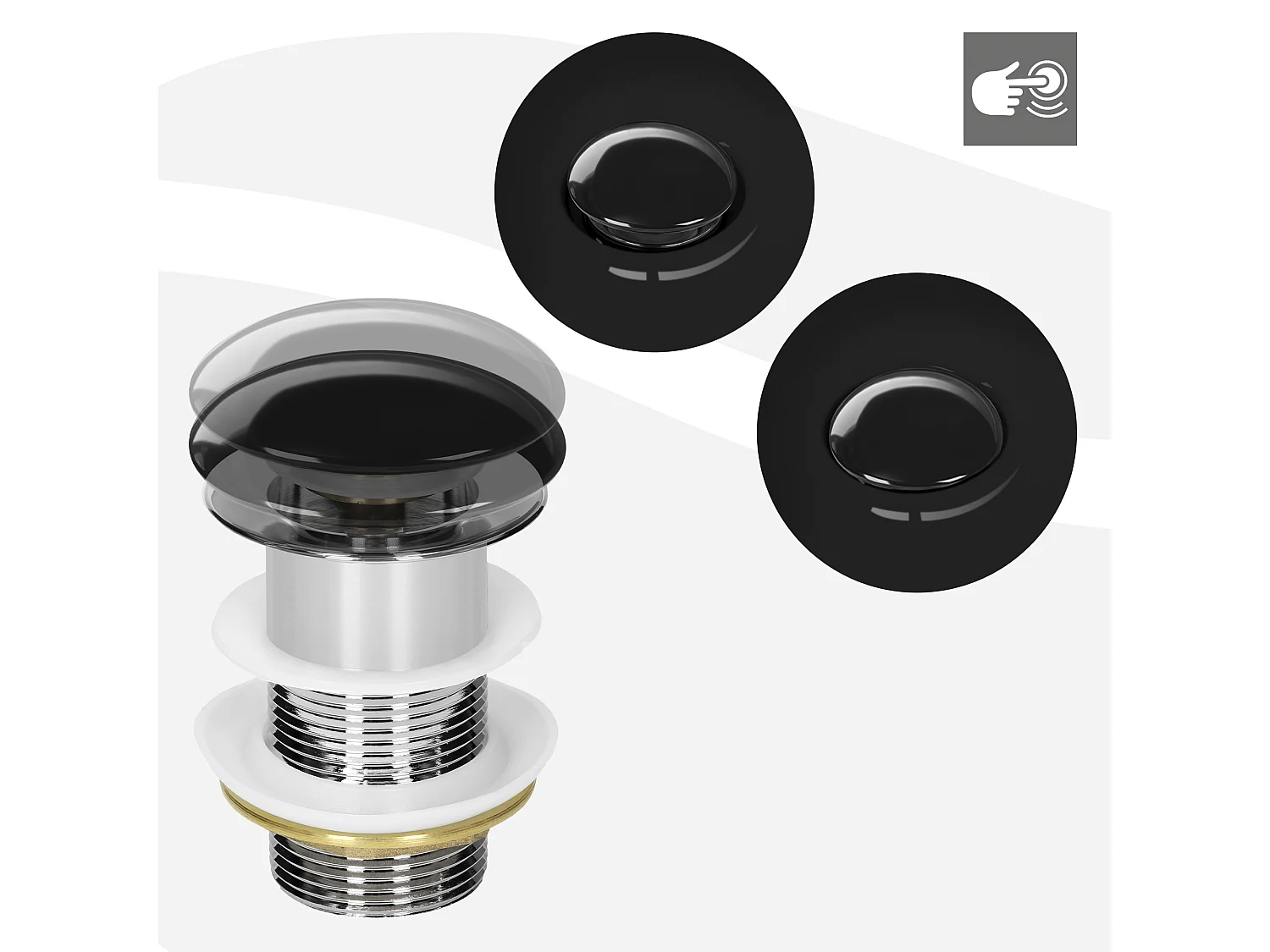 Bouchon de vidange H109mm noir brillant universel fonction pop-up pour lavabo sans trop-plein bonde garniture de vidage en céramique/acier inoxydable