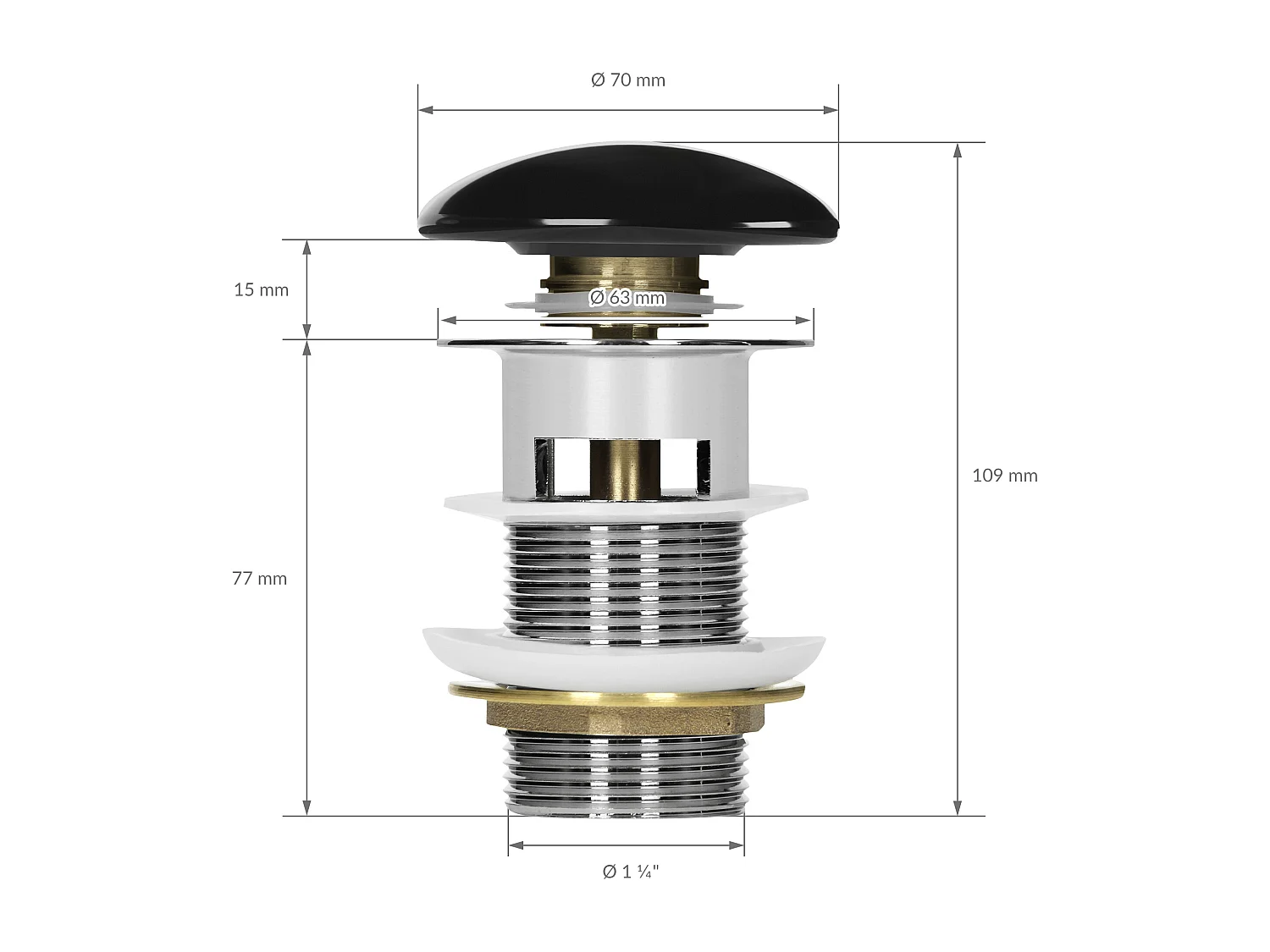 Bouchon de vidange H109mm noir brillant universel fonction pop-up pour lavabo avec trop-plein bonde garniture de vidage en céramique/acier inoxydable