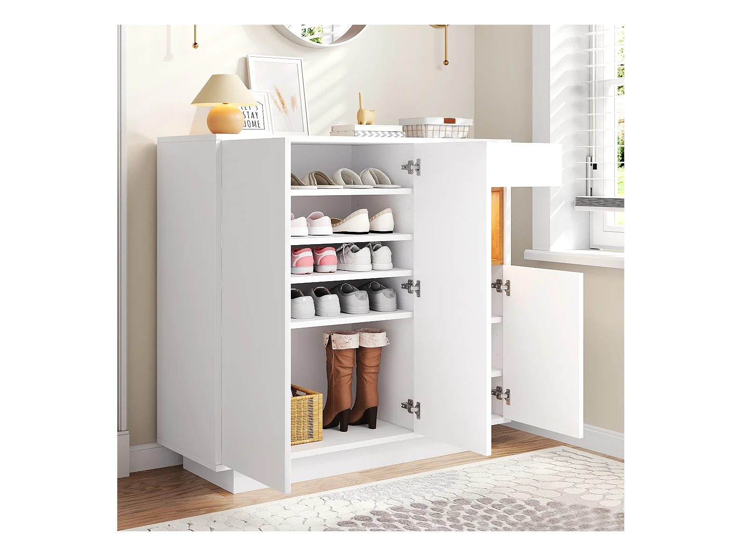 Meuble à chaussures blanc avec éclairage LED - Meuble à chaussures 3 portes et 1 tiroir - etagères réglables