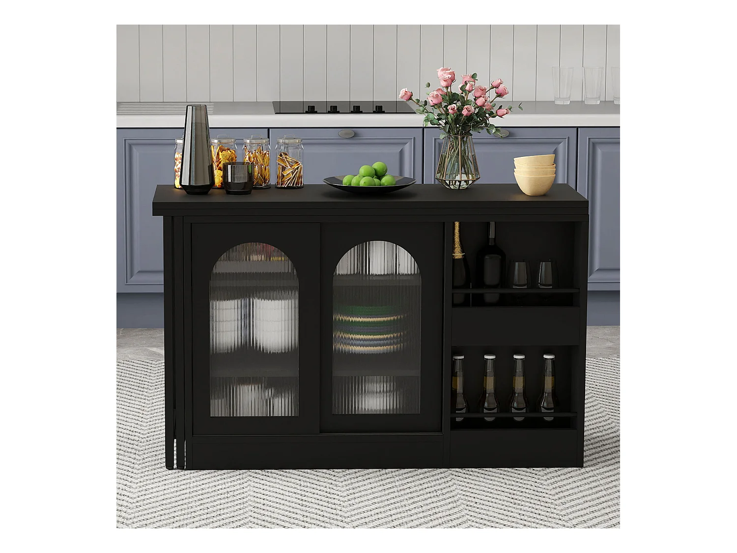 Armário de bar giratório preto - Mesa de bar com 2 portas de vidro e 2 compartimentos de arrumação abertos - tampo giratório