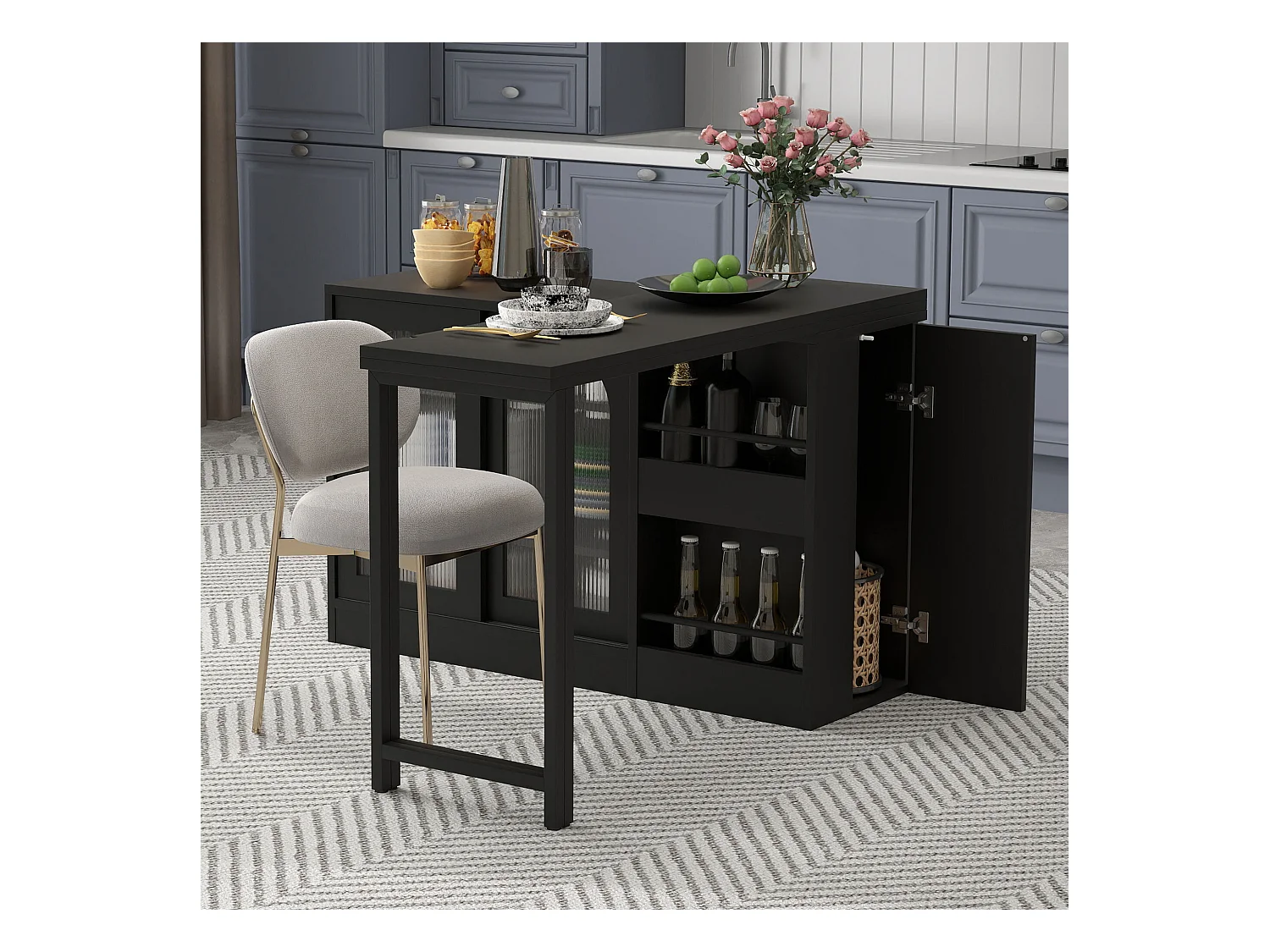 Armário de bar giratório preto - Mesa de bar com 2 portas de vidro e 2 compartimentos de arrumação abertos - tampo giratório