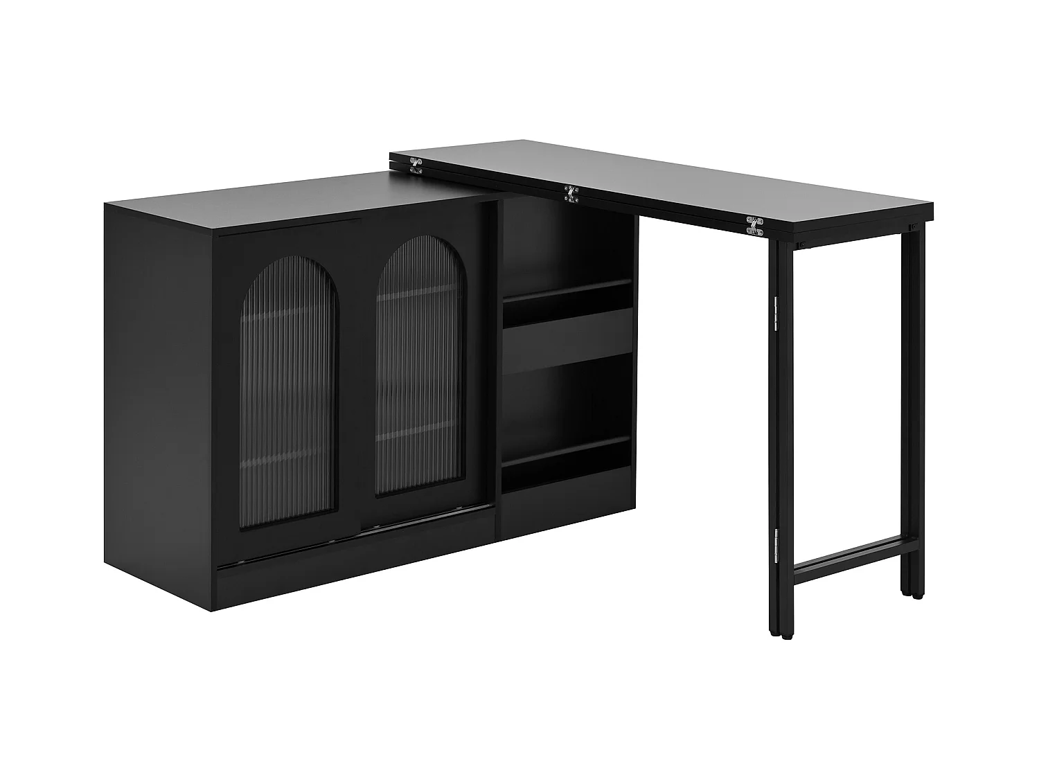 Armário de bar giratório preto - Mesa de bar com 2 portas de vidro e 2 compartimentos de arrumação abertos - tampo giratório