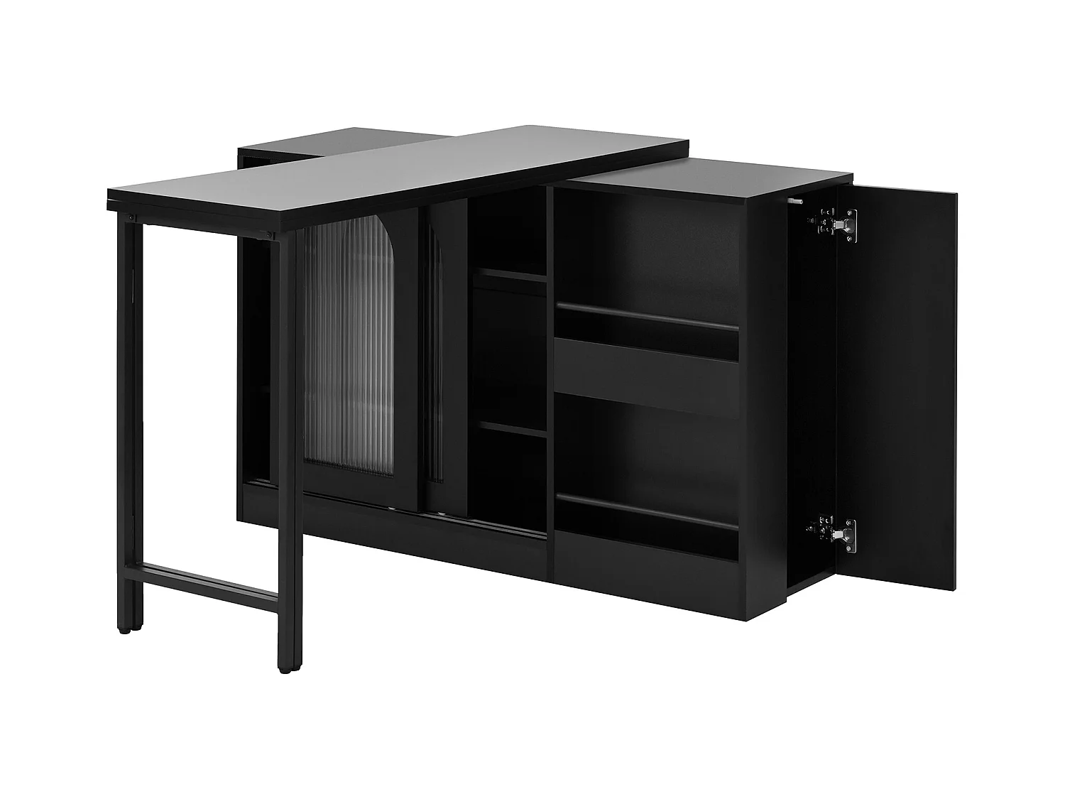 Armário de bar giratório preto - Mesa de bar com 2 portas de vidro e 2 compartimentos de arrumação abertos - tampo giratório