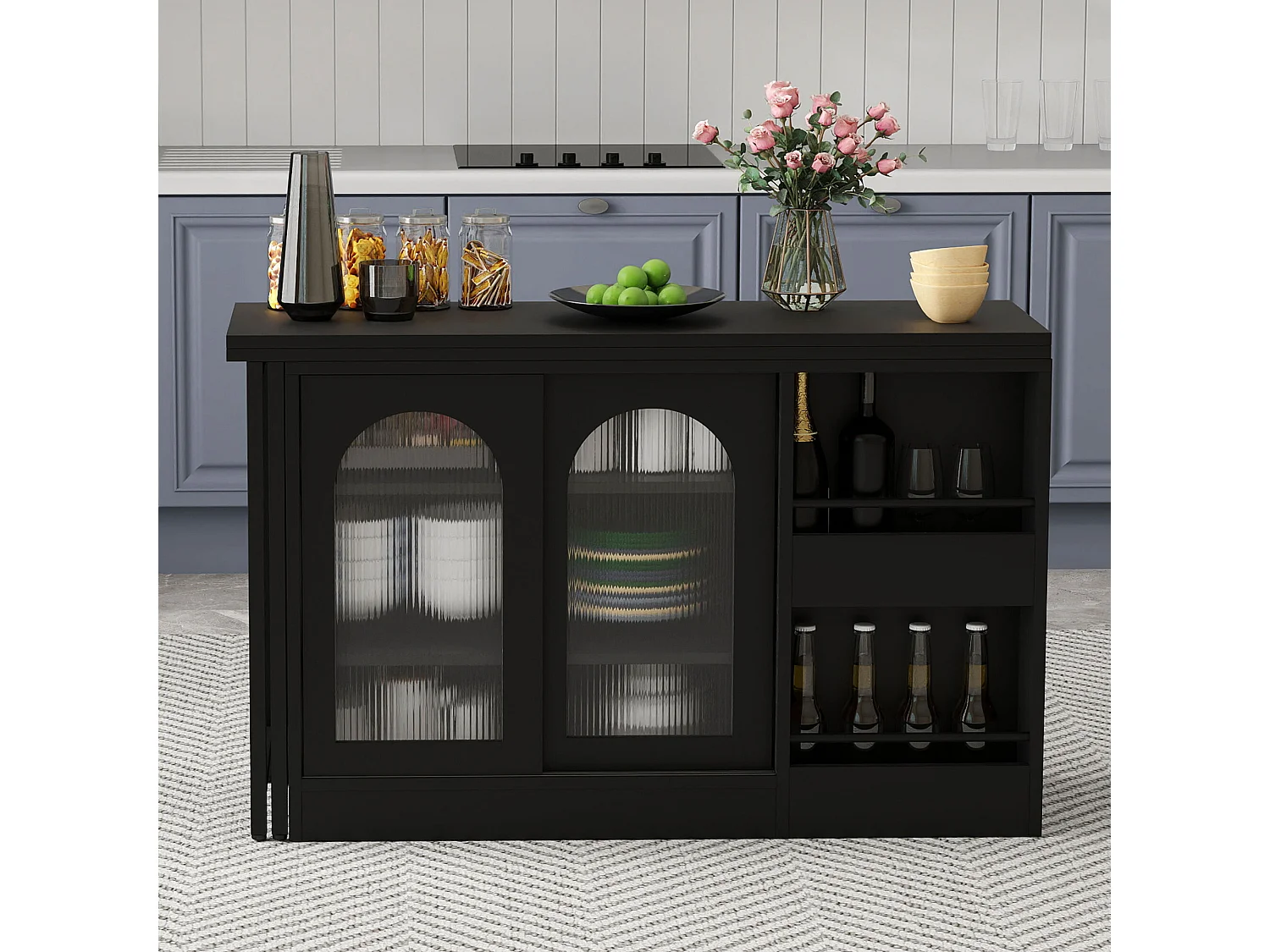 Meuble de bar pivotante noir - Table de bar avec 2 portes vitrées et 2 compartiments de rangement ouverts - plateau pivotant