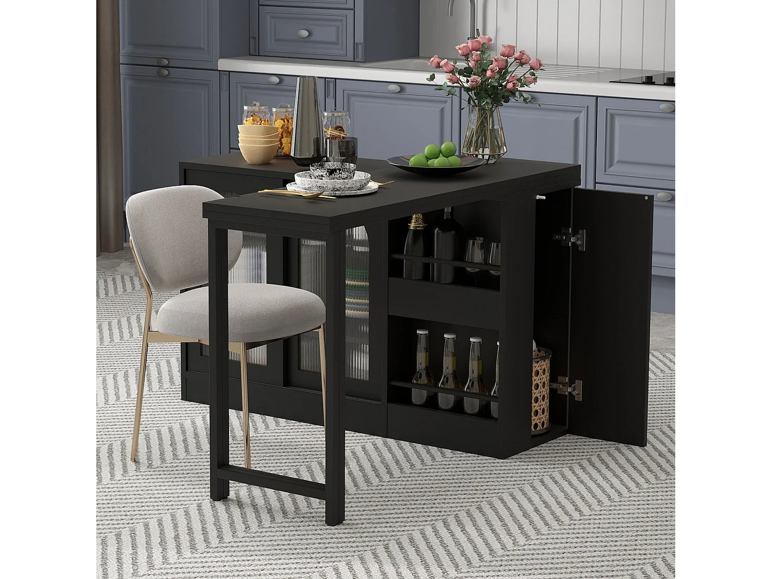 Meuble de bar pivotante noir - Table de bar avec 2 portes vitrées et 2 compartiments de rangement ouverts - plateau pivotant