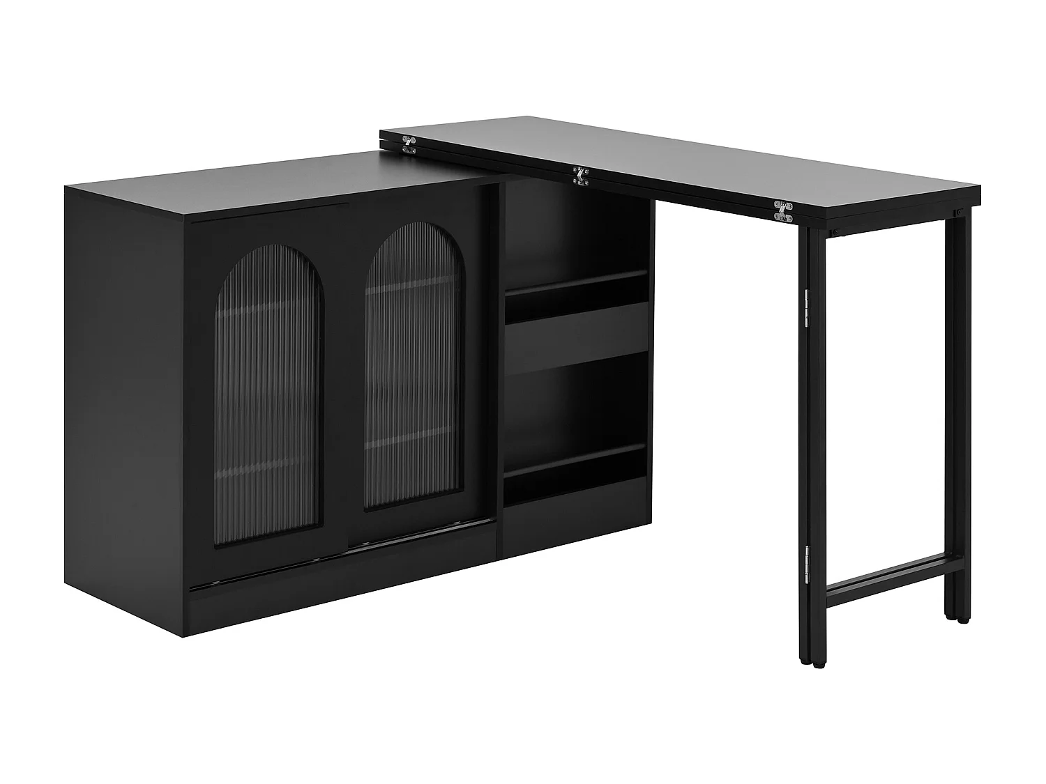 Meuble de bar pivotante noir - Table de bar avec 2 portes vitrées et 2 compartiments de rangement ouverts - plateau pivotant