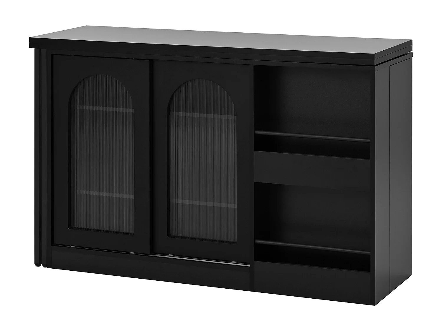 Meuble de bar pivotante noir - Table de bar avec 2 portes vitrées et 2 compartiments de rangement ouverts - plateau pivotant