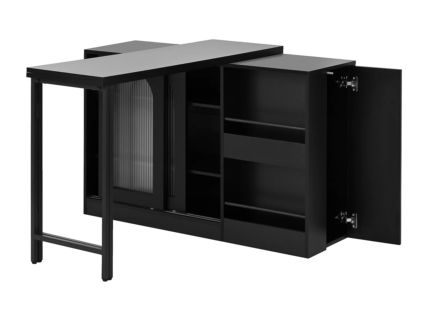 Meuble de bar pivotante noir - Table de bar avec 2 portes vitrées et 2 compartiments de rangement ouverts - plateau pivotant