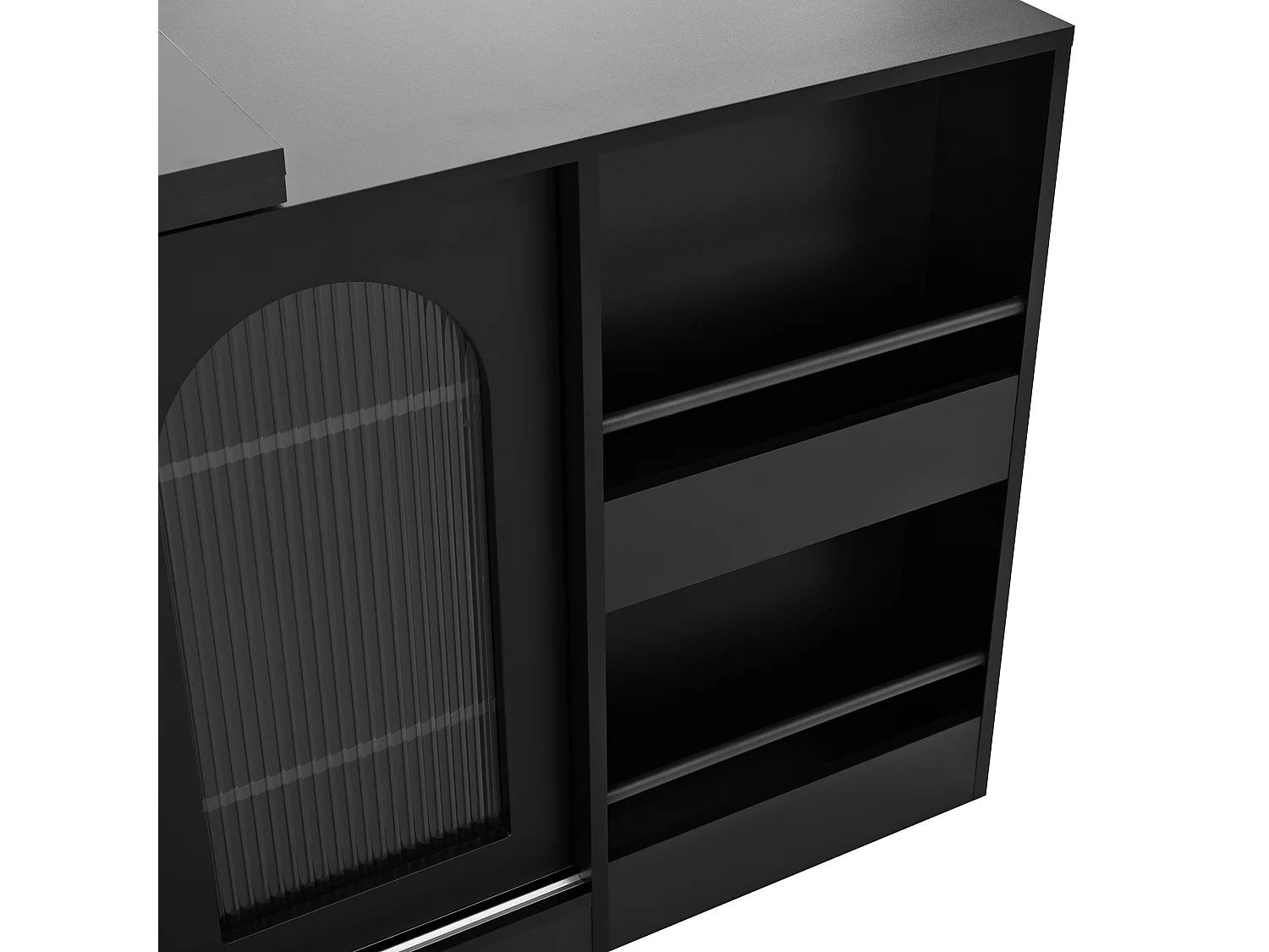 Meuble de bar pivotante noir - Table de bar avec 2 portes vitrées et 2 compartiments de rangement ouverts - plateau pivotant