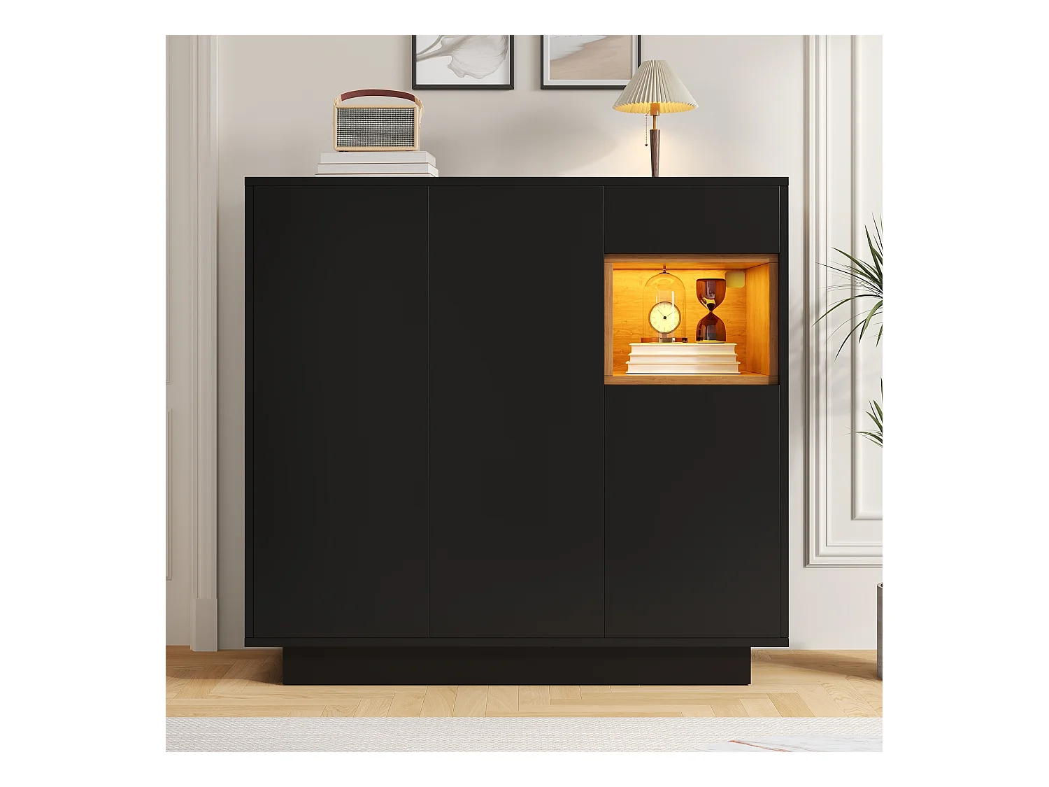 Meuble à chaussures noir avec éclairage LED - Meuble à chaussures 3 portes et 1 tiroir - etagères réglables