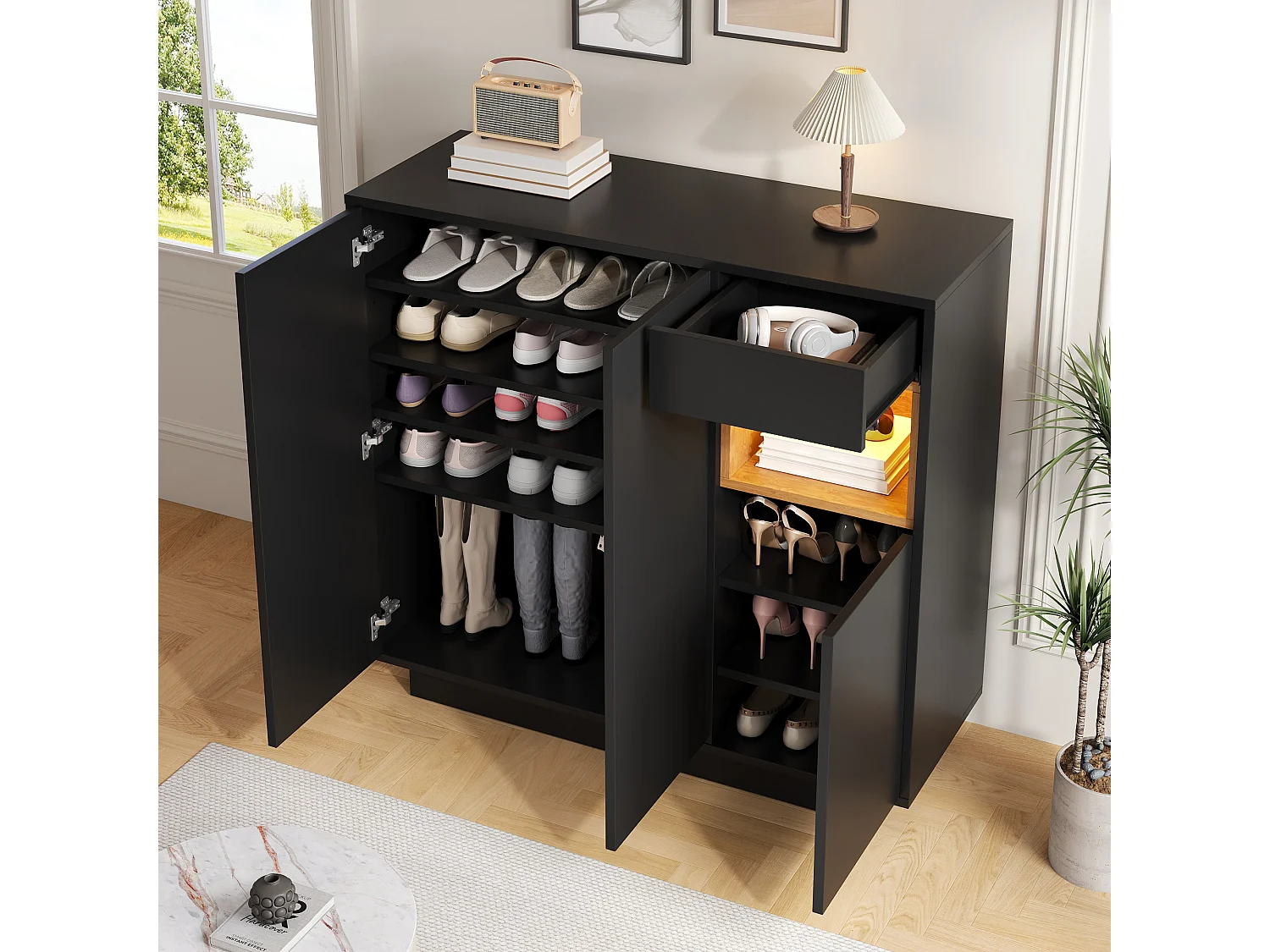 Meuble à chaussures noir avec éclairage LED - Meuble à chaussures 3 portes et 1 tiroir - etagères réglables