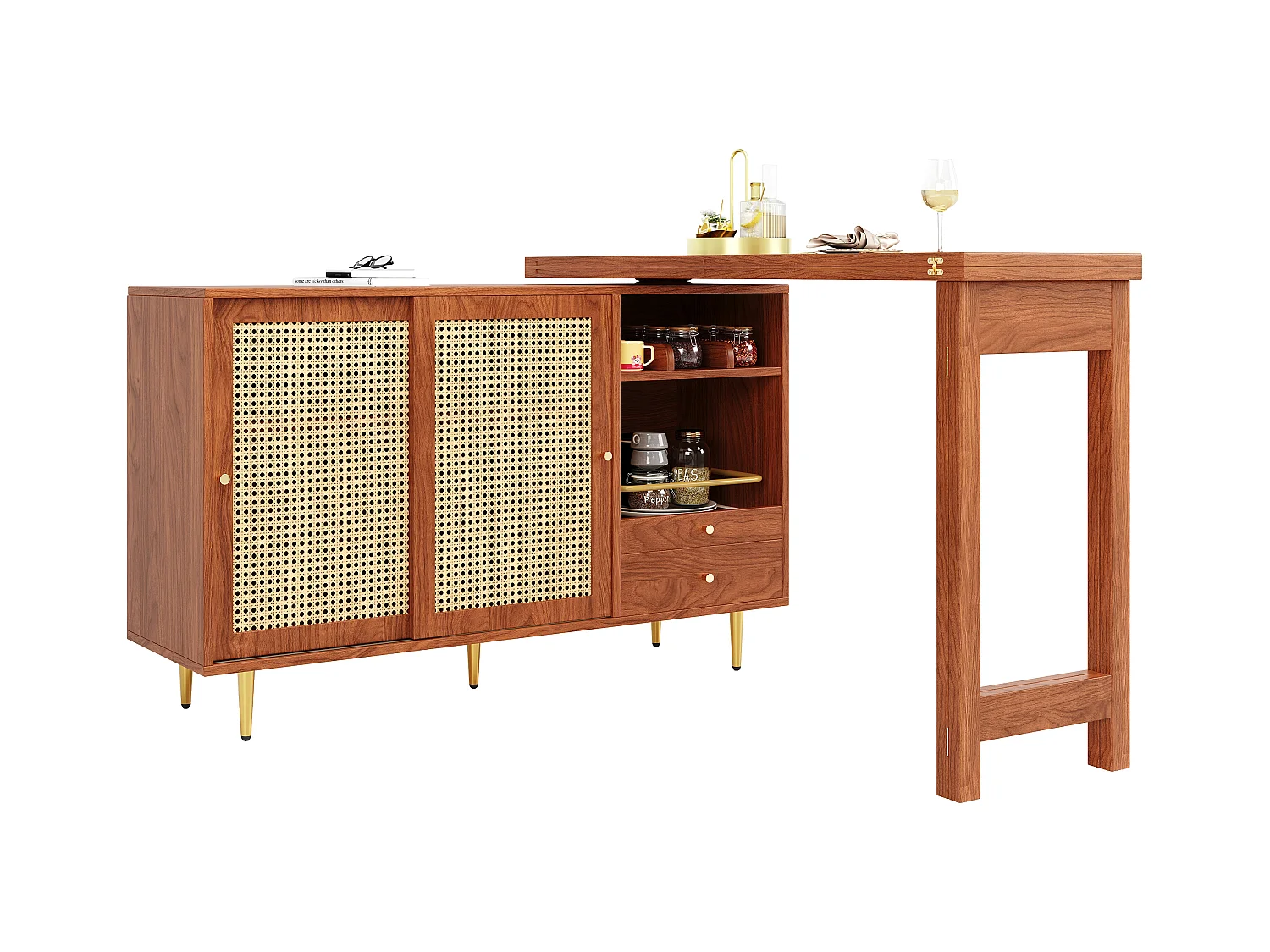 Brauner drehbarer Barschrank – Ausziehbarer Barschrank mit Rattan-Schiebetüren und Schubladen – Offene Aufbewahrung