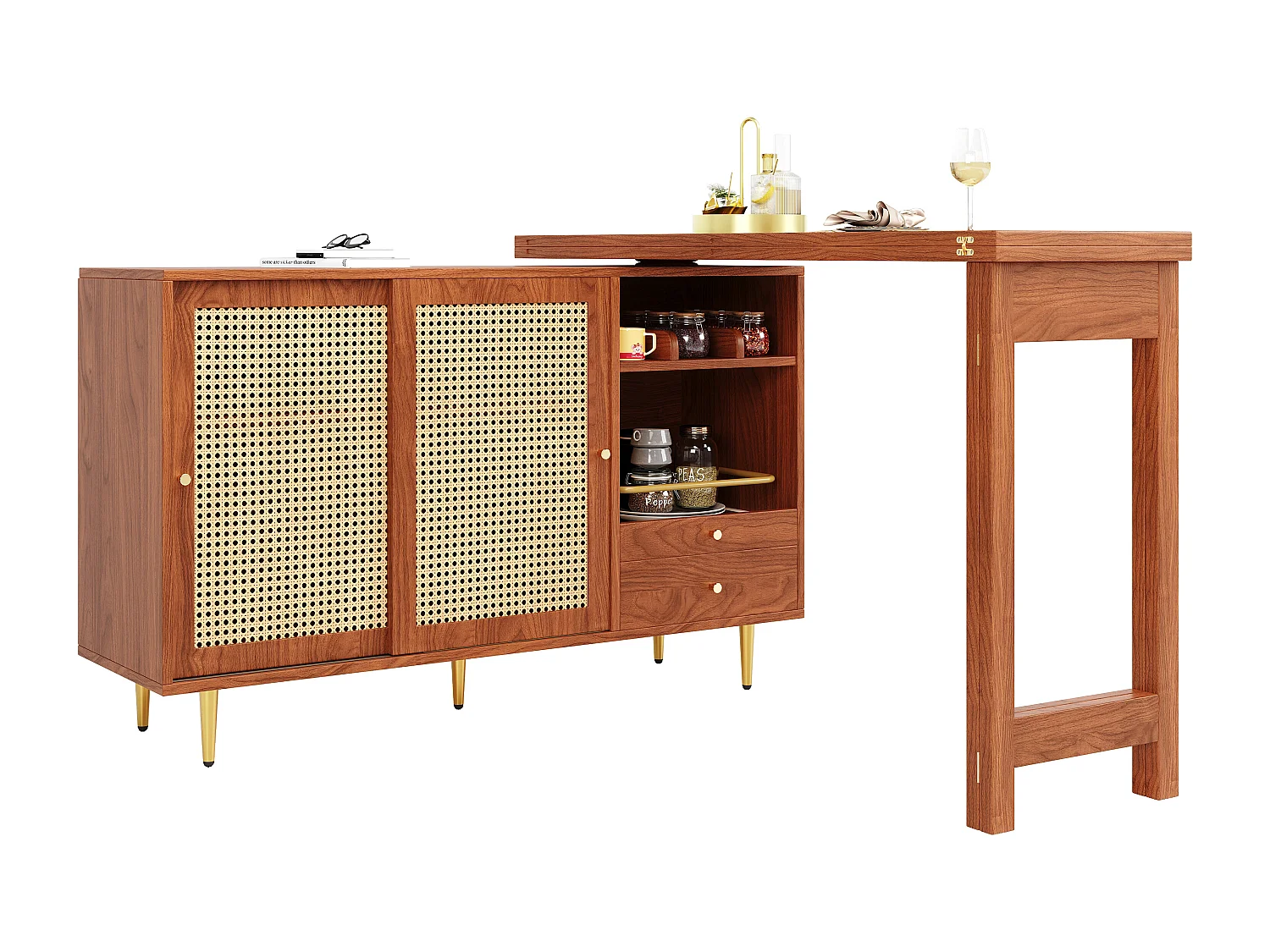 Brauner drehbarer Barschrank – Ausziehbarer Barschrank mit Rattan-Schiebetüren und Schubladen – Offene Aufbewahrung