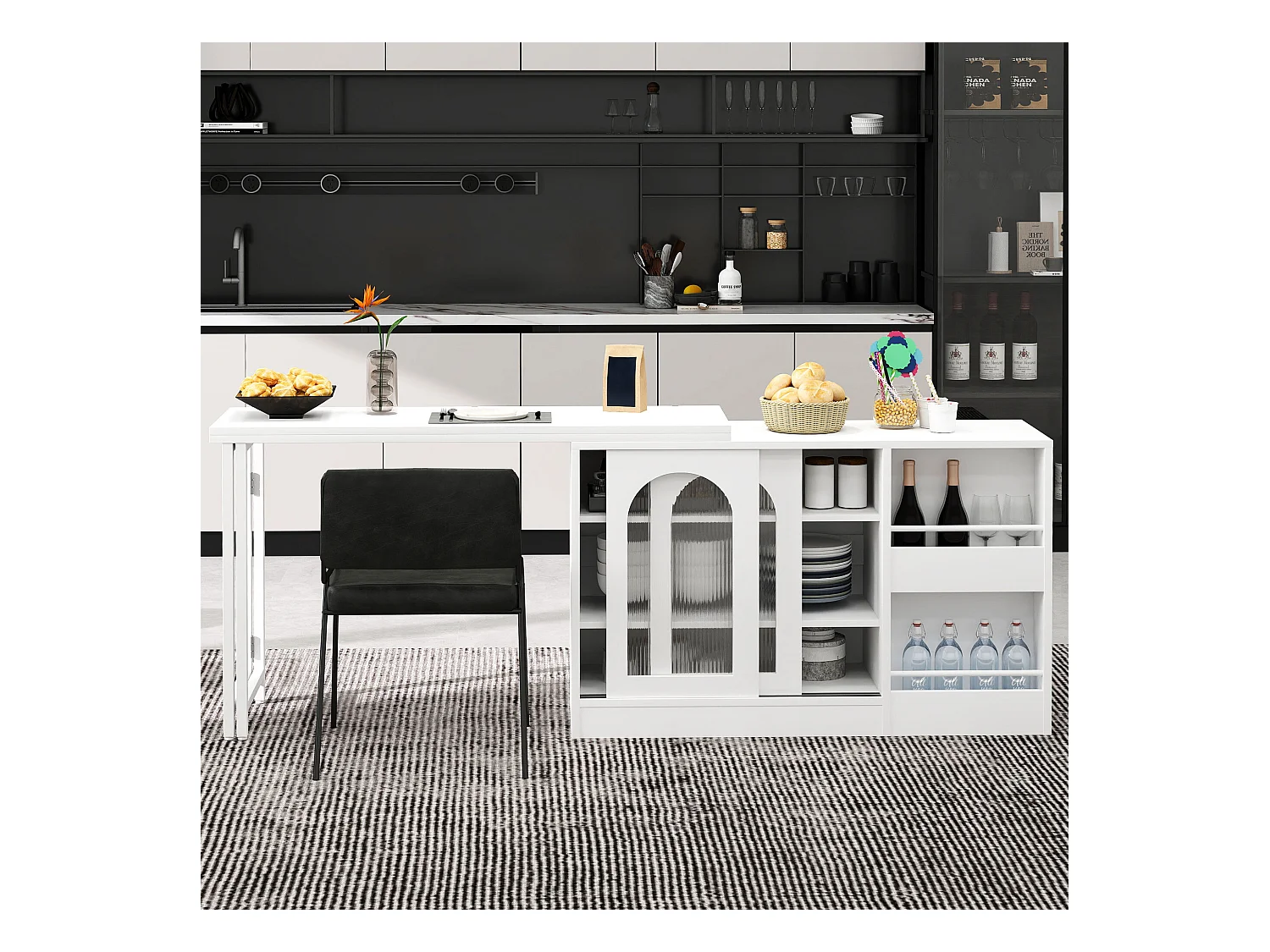 Meuble de bar pivotante blanc - Table de bar avec 2 portes vitrées et 2 compartiments de rangement ouverts - plateau pivotant