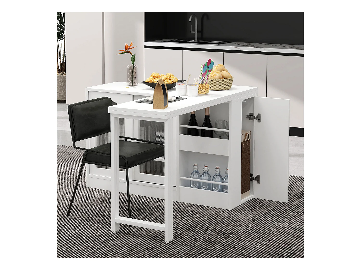 Meuble de bar pivotante blanc - Table de bar avec 2 portes vitrées et 2 compartiments de rangement ouverts - plateau pivotant