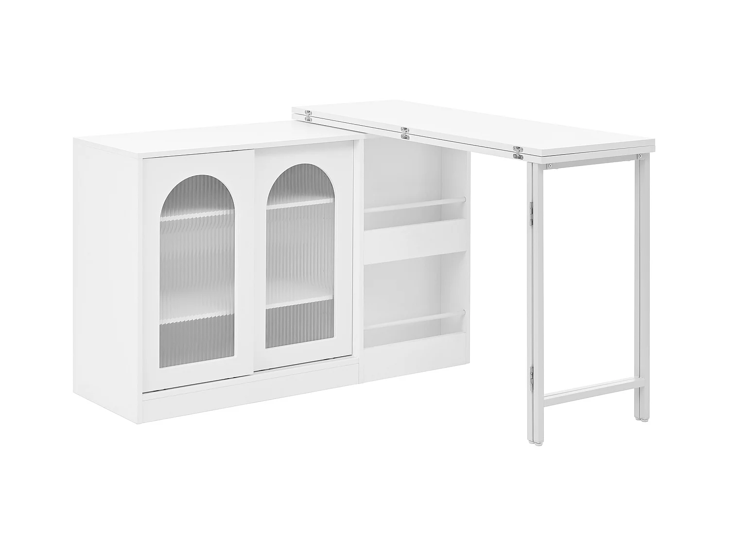 Meuble de bar pivotante blanc - Table de bar avec 2 portes vitrées et 2 compartiments de rangement ouverts - plateau pivotant