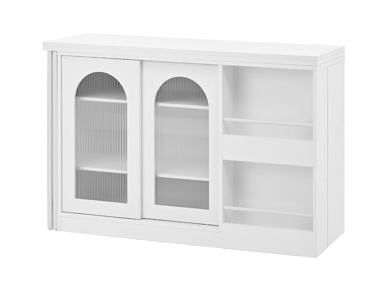 Meuble de bar pivotante blanc - Table de bar avec 2 portes vitrées et 2 compartiments de rangement ouverts - plateau pivotant