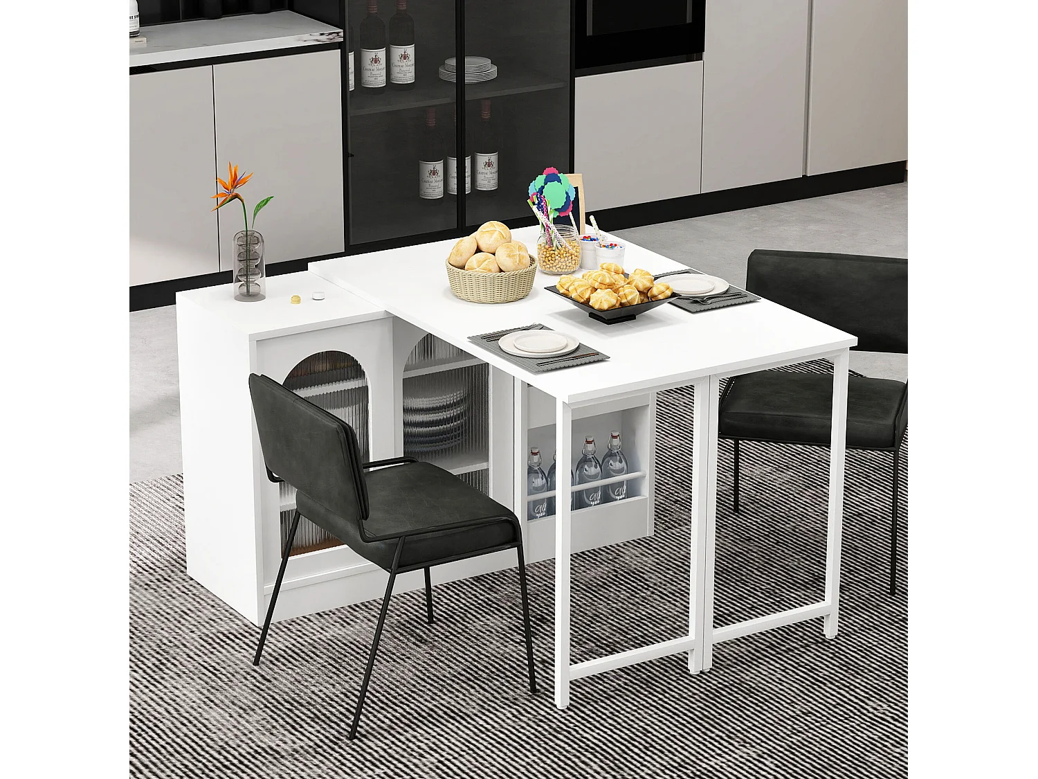 Meuble de bar pivotante blanc - Table de bar avec 2 portes vitrées et 2 compartiments de rangement ouverts - plateau pivotant