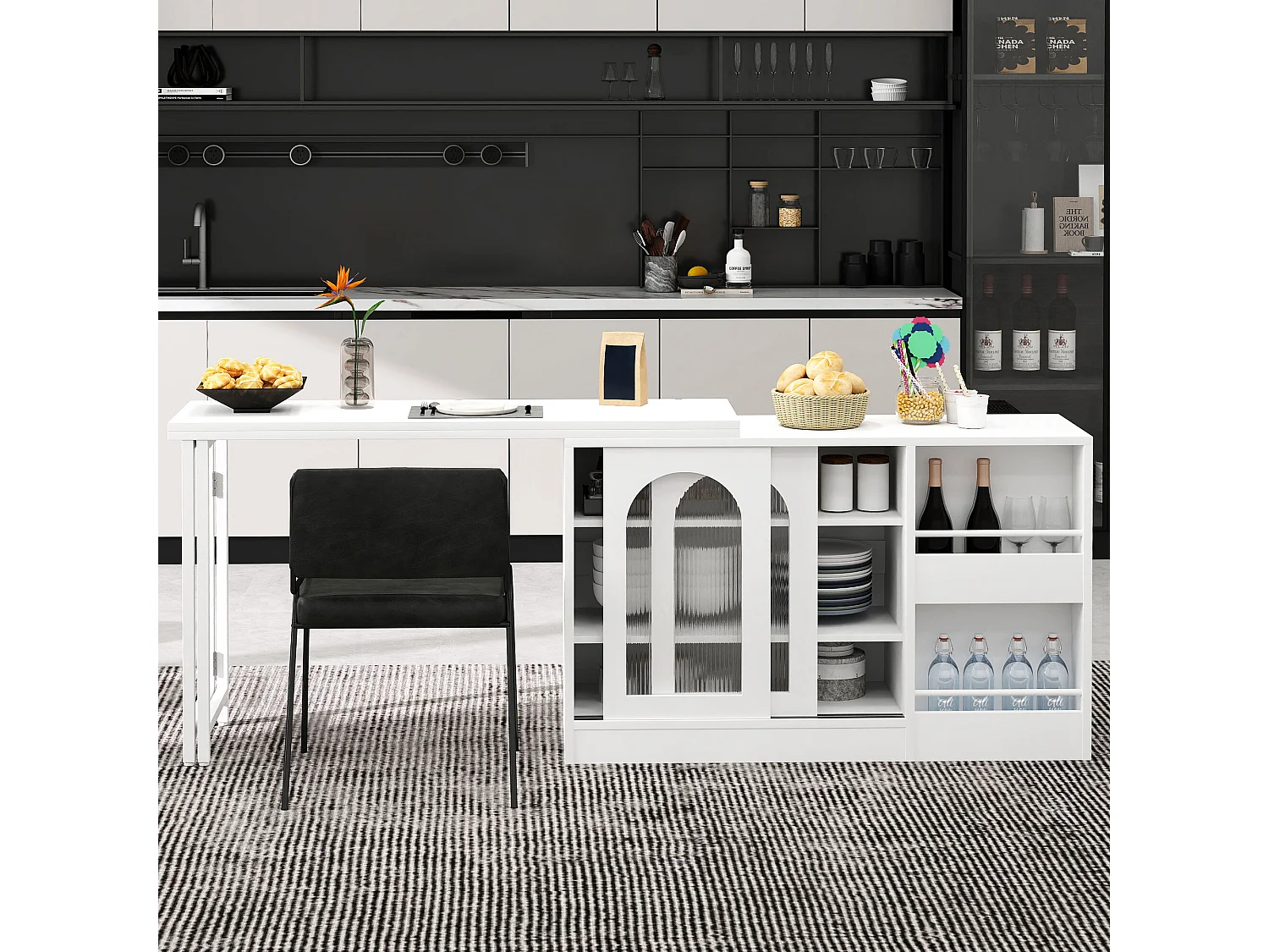 Meuble de bar pivotante blanc - Table de bar avec 2 portes vitrées et 2 compartiments de rangement ouverts - plateau pivotant