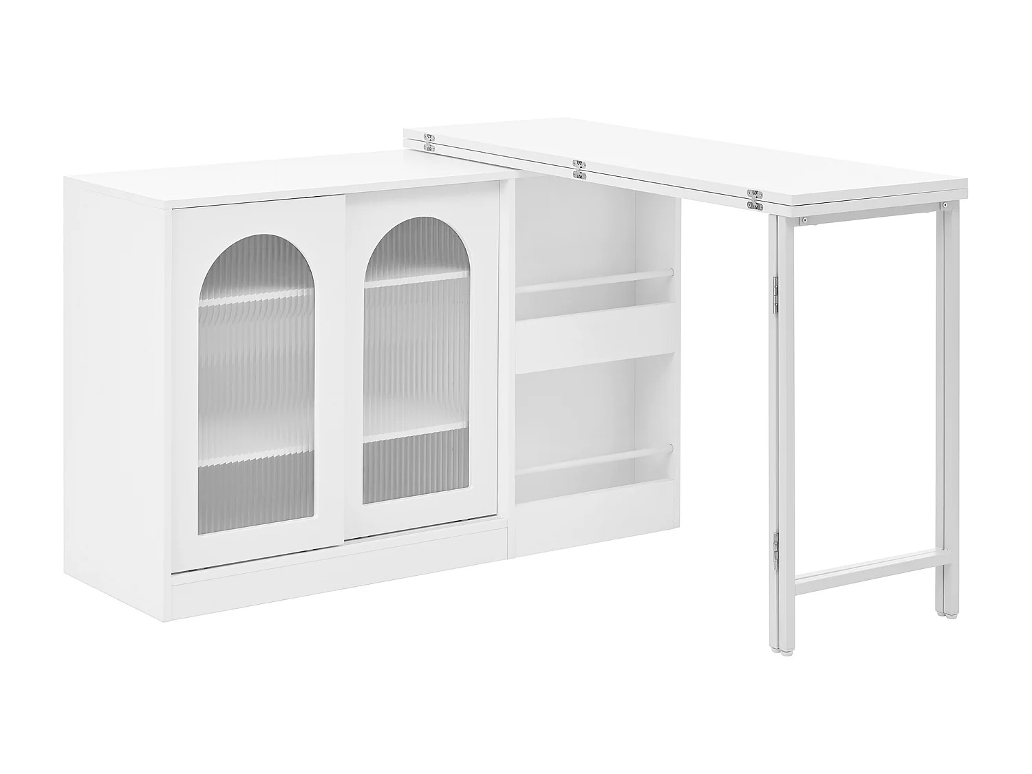 Meuble de bar pivotante blanc - Table de bar avec 2 portes vitrées et 2 compartiments de rangement ouverts - plateau pivotant