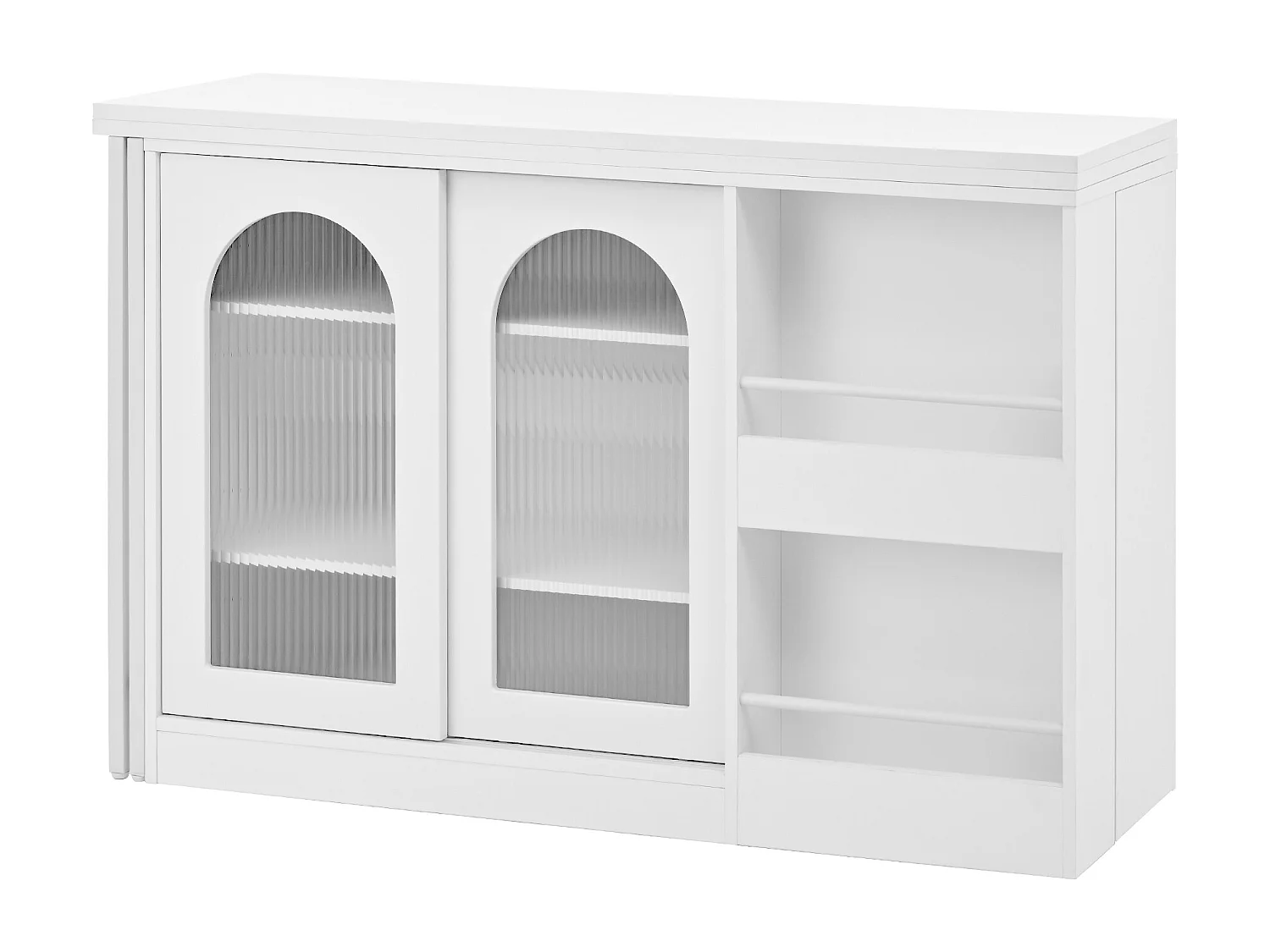 Meuble de bar pivotante blanc - Table de bar avec 2 portes vitrées et 2 compartiments de rangement ouverts - plateau pivotant